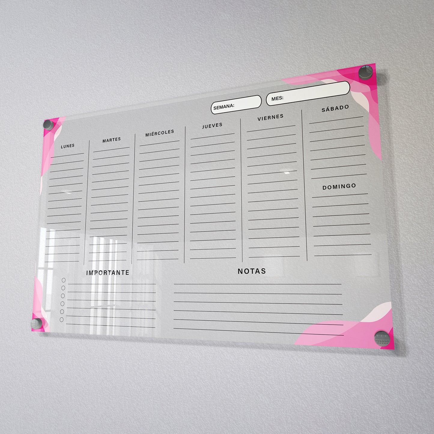 Planificador semanal de acrílico transparente con soportes de aluminio, diseño minimalista y reutilizable. Ideal para organizar tareas, metas y actividades. Incluye marcador borrable. Envío gratis en compras en línea. Pizarrón, tablero de control, organizador