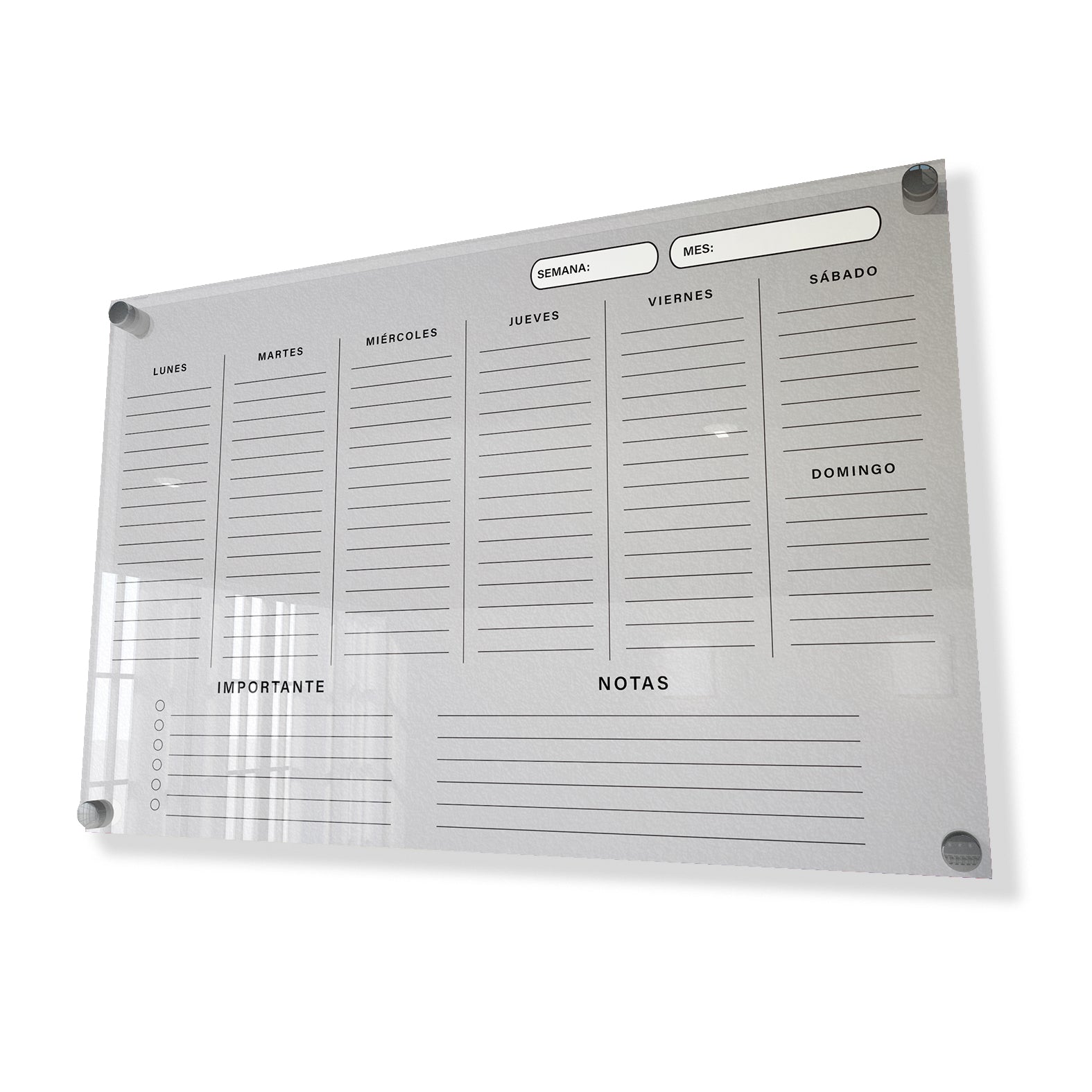 Planificador semanal de acrílico transparente con soportes de aluminio, diseño minimalista y reutilizable. Ideal para organizar tareas, metas y actividades. Incluye marcador borrable. Envío gratis en compras en línea.