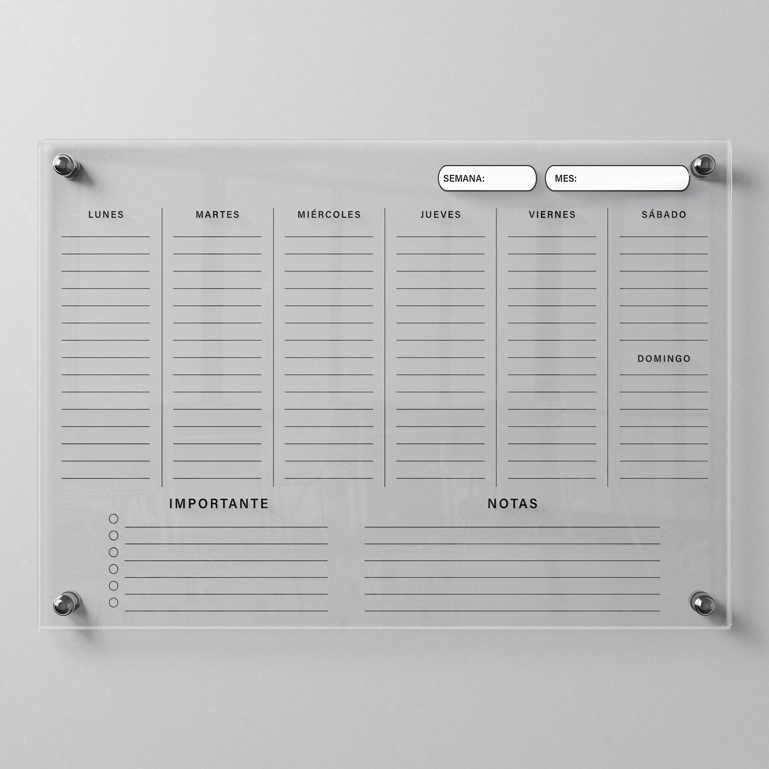 Planificador semanal de acrílico transparente con soportes de aluminio, diseño minimalista y reutilizable. Ideal para organizar tareas, metas y actividades. Incluye marcador borrable. Envío gratis en compras en línea.