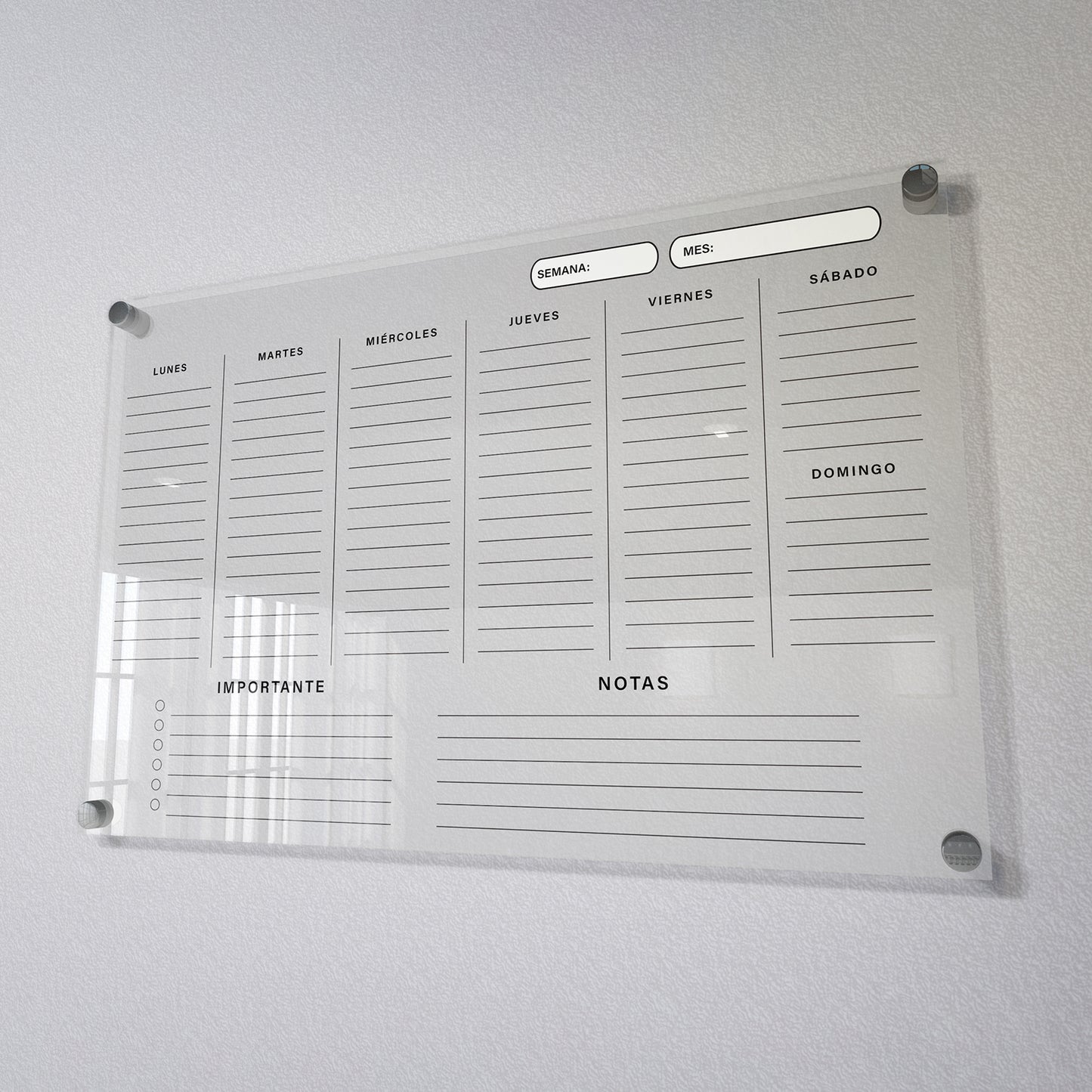 Planificador semanal de acrílico transparente con soportes de aluminio, diseño minimalista y reutilizable. Ideal para organizar tareas, metas y actividades. Incluye marcador borrable. Envío gratis en compras en línea.