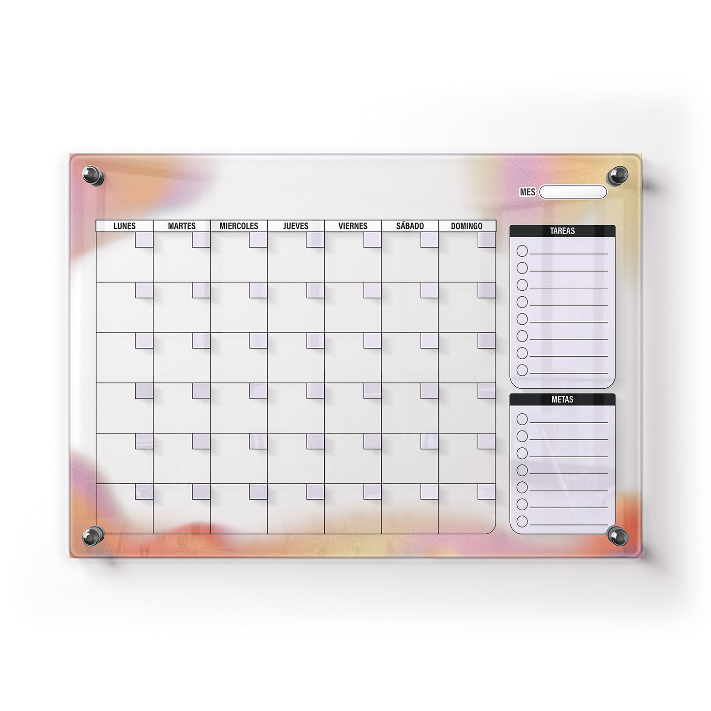 Planificador mensual de acrílico transparente con soportes de aluminio, diseño minimalista y reutilizable. Ideal para organizar tareas, metas y actividades. Incluye marcador borrable. Envío gratis en compras en línea.