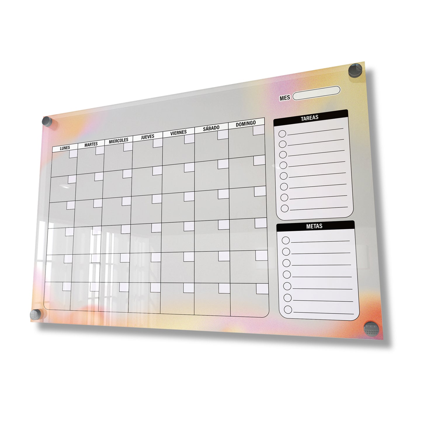 Planificador mensual de acrílico transparente con soportes de aluminio, diseño minimalista y reutilizable. Ideal para organizar tareas, metas y actividades. Incluye marcador borrable. Envío gratis en compras en línea.