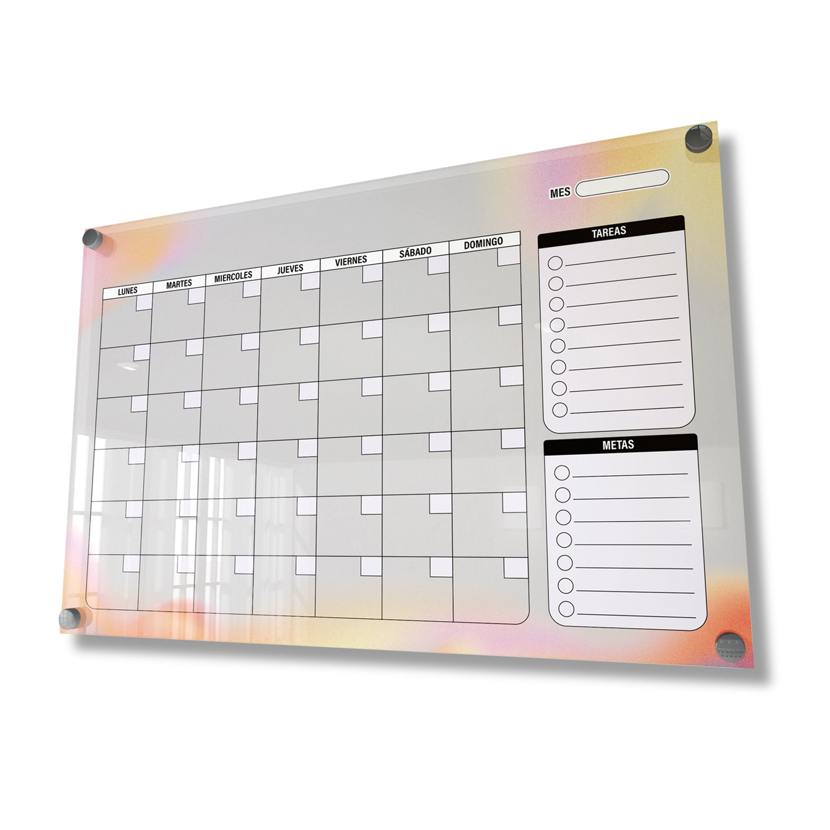 Planificador mensual de acrílico transparente con soportes de aluminio, diseño minimalista y reutilizable. Ideal para organizar tareas, metas y actividades. Incluye marcador borrable. Envío gratis en compras en línea.