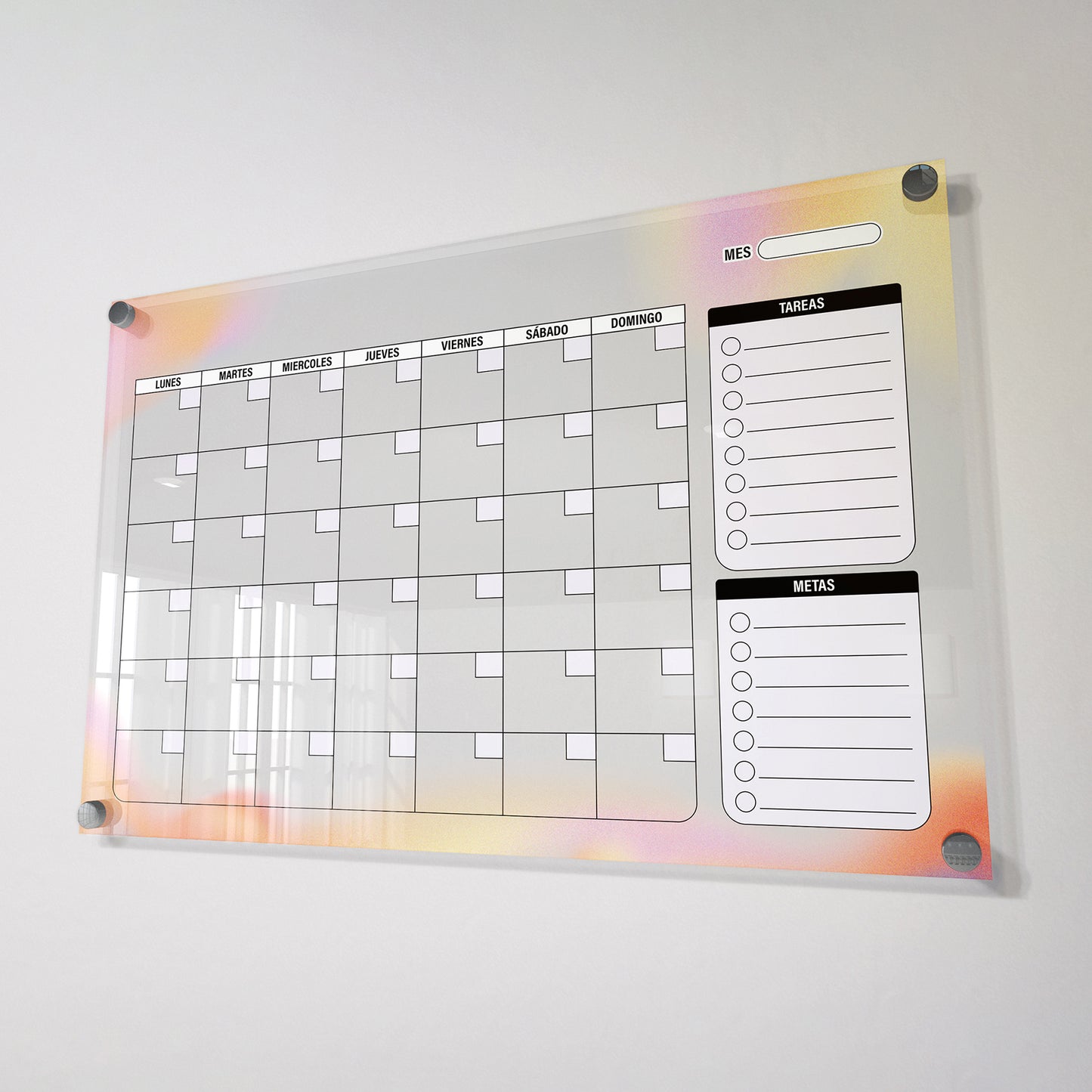Planificador mensual de acrílico transparente con soportes de aluminio, diseño minimalista y reutilizable. Ideal para organizar tareas, metas y actividades. Incluye marcador borrable. Envío gratis en compras en línea.