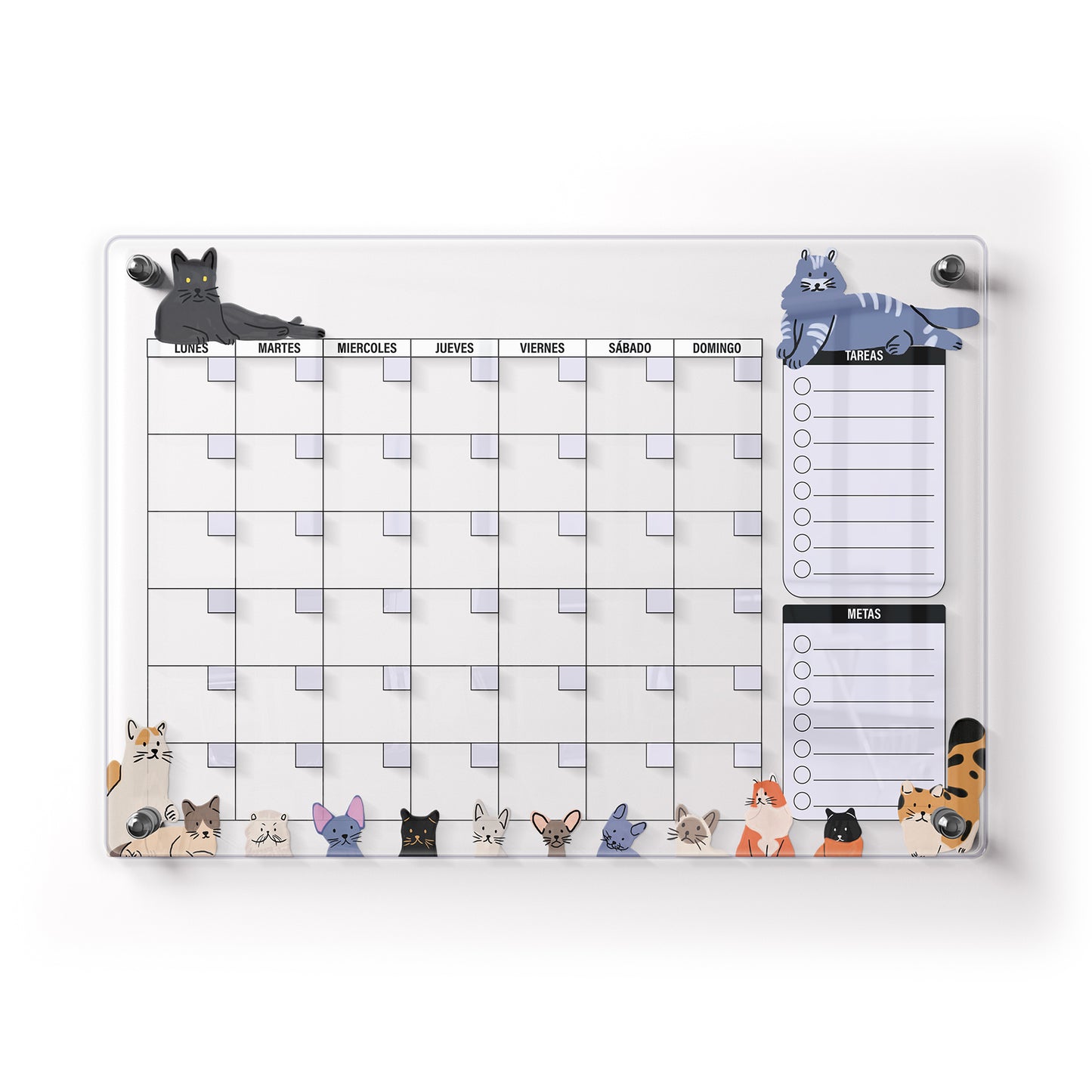 Planificador mensual de acrílico transparente con soportes de aluminio, diseño minimalista y reutilizable. Ideal para organizar tareas, metas y actividades. Incluye marcador borrable. Envío gratis en compras en línea.