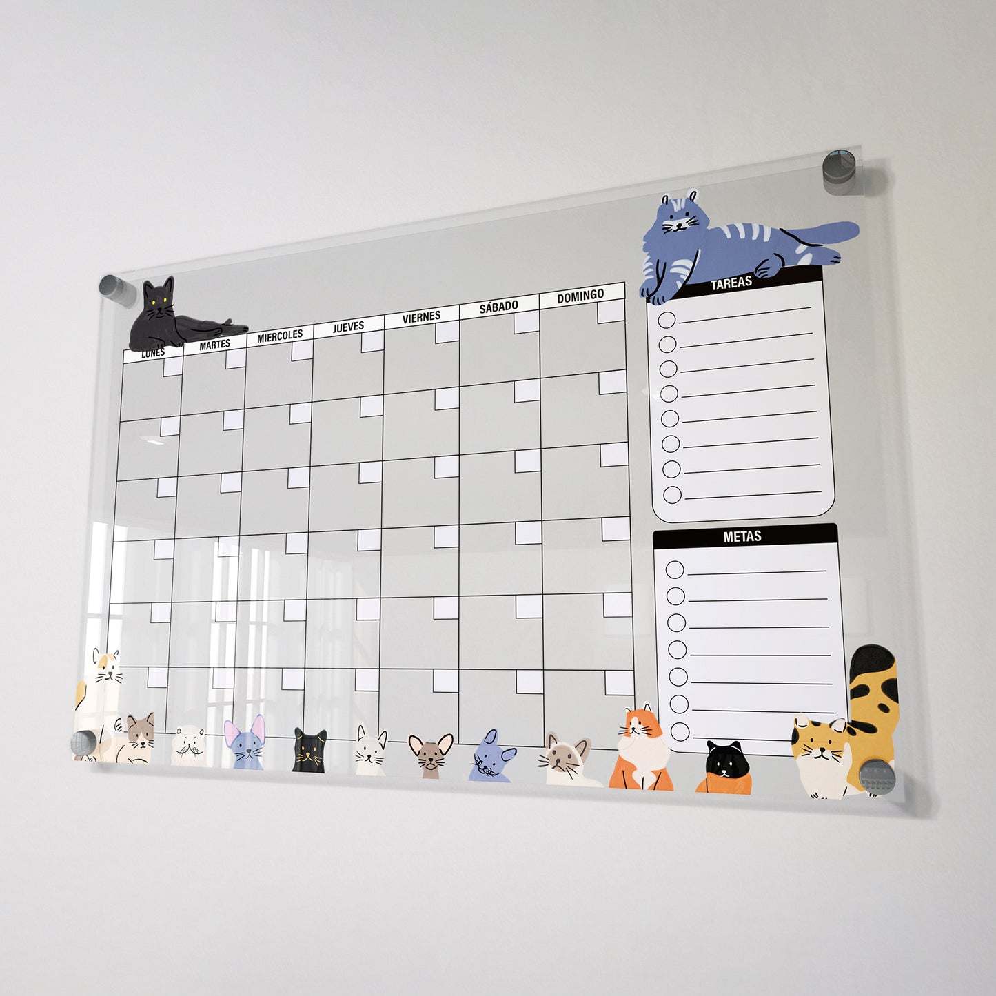 Planificador mensual de acrílico transparente con soportes de aluminio, diseño minimalista y reutilizable. Ideal para organizar tareas, metas y actividades. Incluye marcador borrable. Envío gratis en compras en línea.