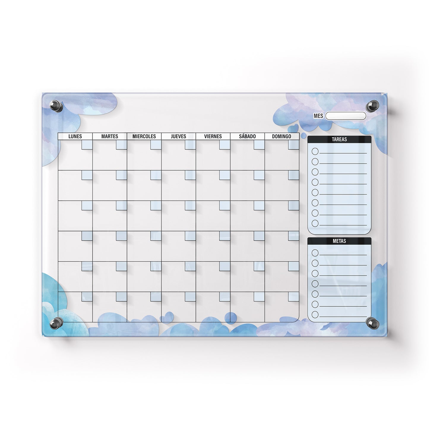 Planificador mensual de acrílico transparente con soportes de aluminio, diseño minimalista y reutilizable. Ideal para organizar tareas, metas y actividades. Incluye marcador borrable. Envío gratis en compras en línea.