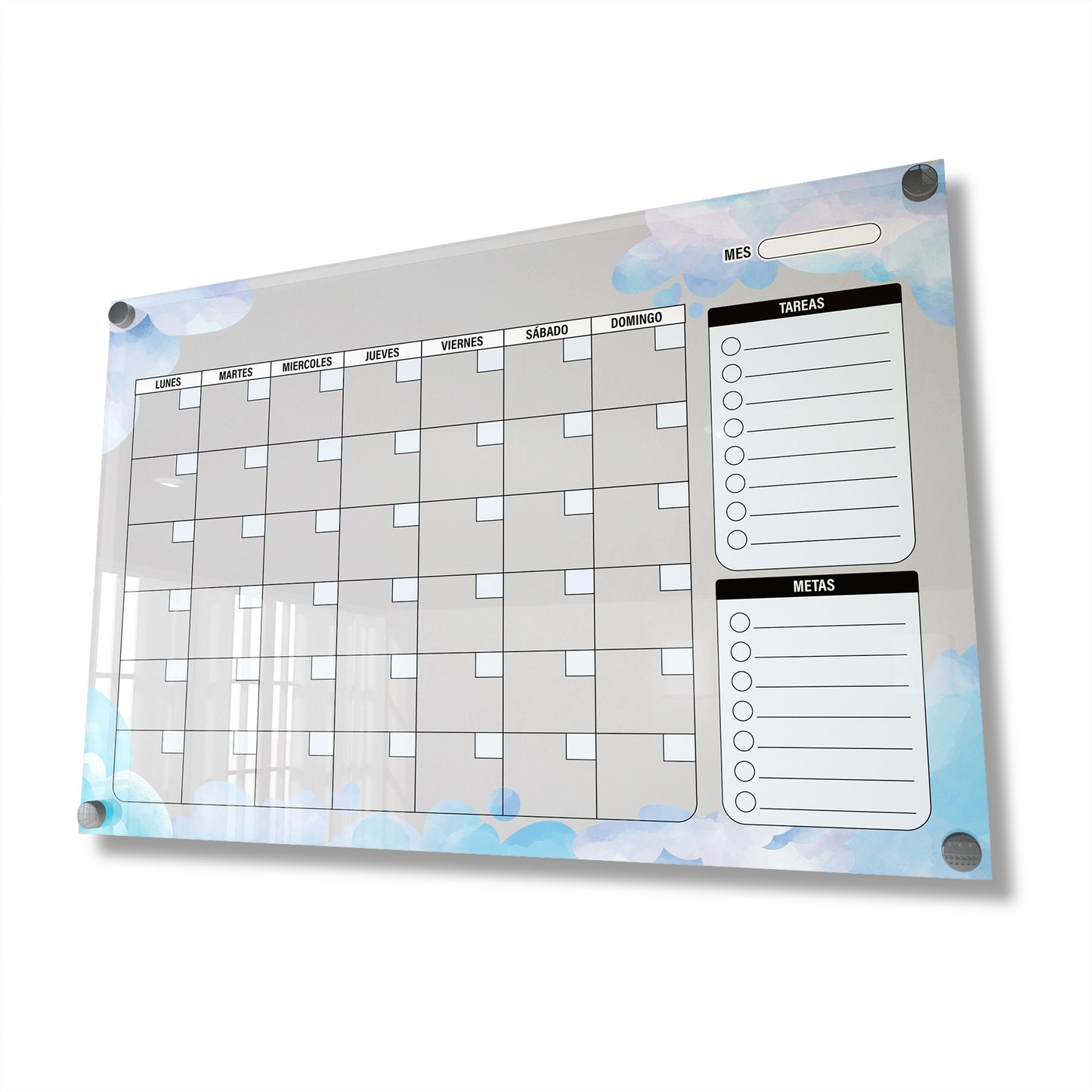 Planificador mensual de acrílico transparente con soportes de aluminio, diseño minimalista y reutilizable. Ideal para organizar tareas, metas y actividades. Incluye marcador borrable. Envío gratis en compras en línea.