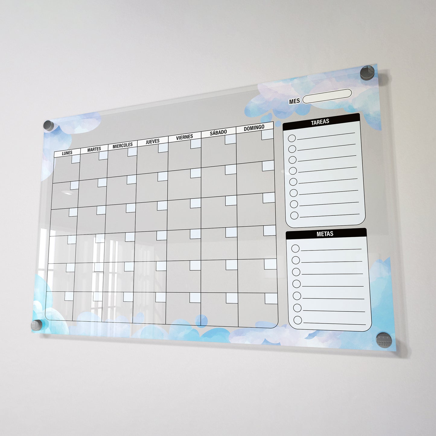 Planificador mensual de acrílico transparente con soportes de aluminio, diseño minimalista y reutilizable. Ideal para organizar tareas, metas y actividades. Incluye marcador borrable. Envío gratis en compras en línea.