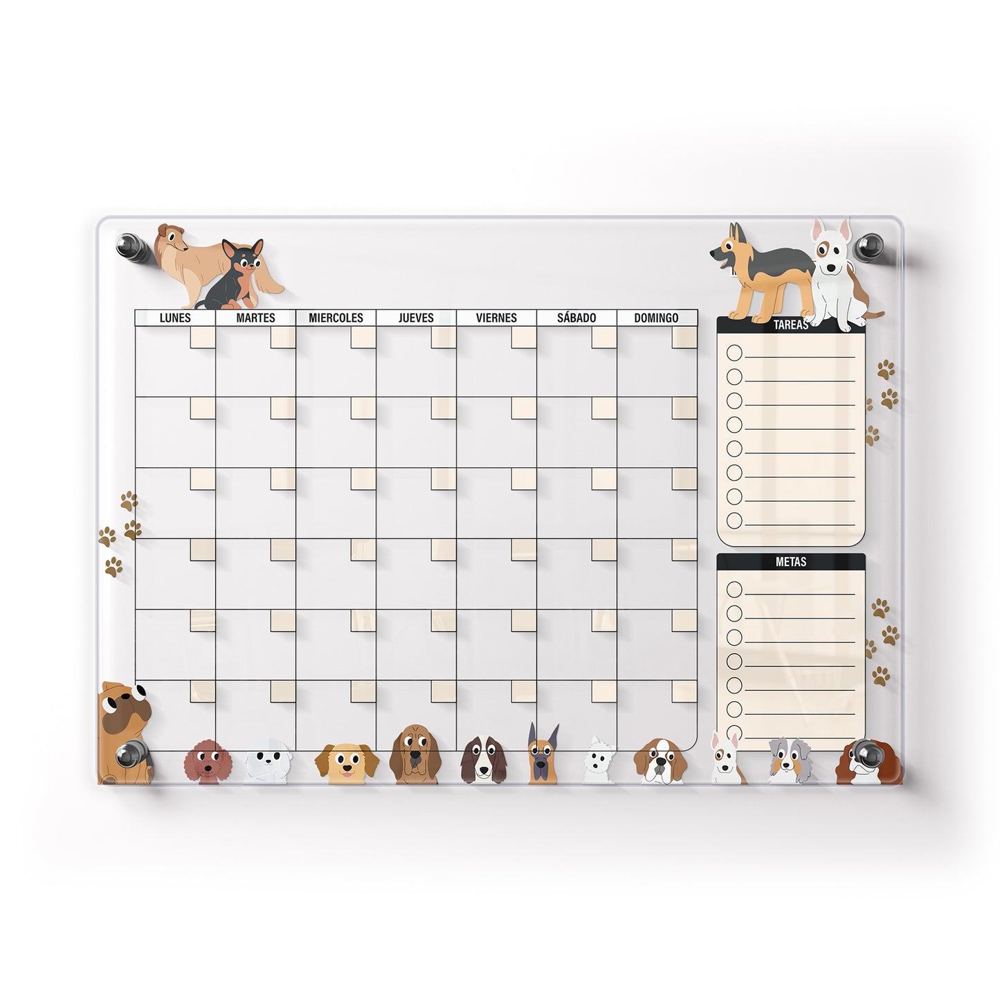 Planificador mensual de acrílico transparente con soportes de aluminio, diseño minimalista y reutilizable. Ideal para organizar tareas, metas y actividades. Incluye marcador borrable. Envío gratis en compras en línea.