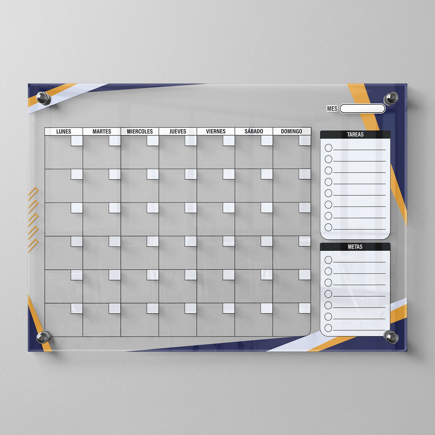 Planificador mensual de acrílico transparente con soportes de aluminio, diseño moderno y elegante. Ideal para organizar tareas, metas y actividades. Incluye marcador borrable. Envío gratis en compras en línea. Pizarrón, tablero de control, organizador