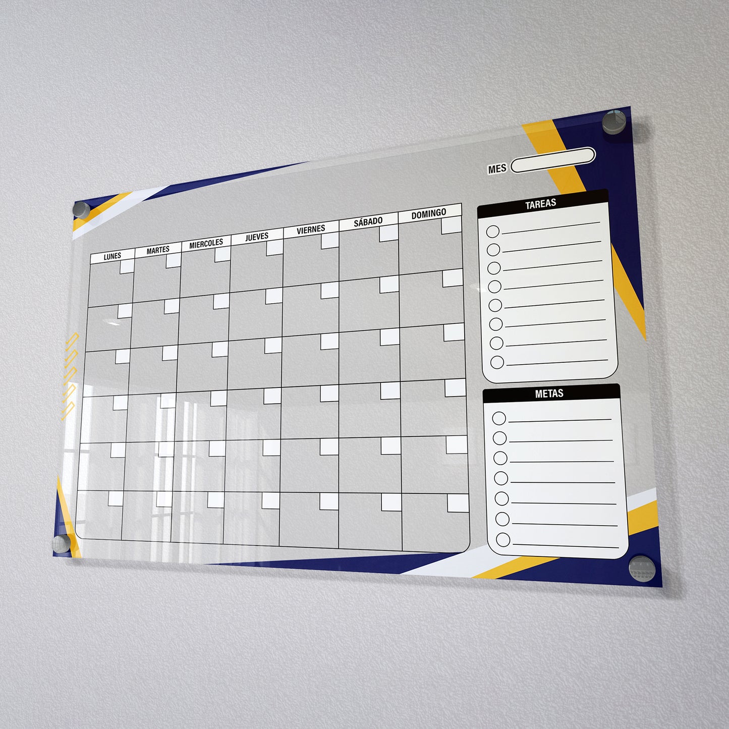 Planificador mensual de acrílico transparente con soportes de aluminio, diseño moderno y elegante. Ideal para organizar tareas, metas y actividades. Incluye marcador borrable. Envío gratis en compras en línea. Pizarrón, tablero de control, organizador