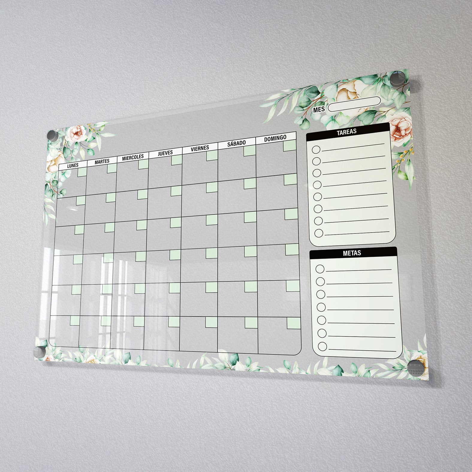 Planificador mensual de acrílico transparente con soportes de aluminio, diseño moderno y elegante. Ideal para organizar tareas, metas y actividades. Incluye marcador borrable. Envío gratis en compras en línea. Pizarrón, tablero de control, organizador