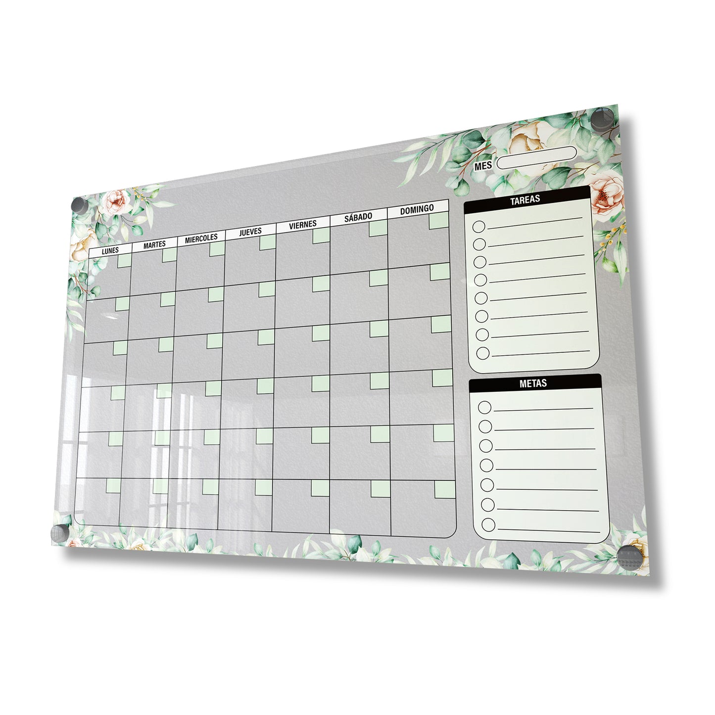 Planificador mensual de acrílico transparente con soportes de aluminio, diseño moderno y elegante. Ideal para organizar tareas, metas y actividades. Incluye marcador borrable. Envío gratis en compras en línea. Pizarrón, tablero de control, organizador