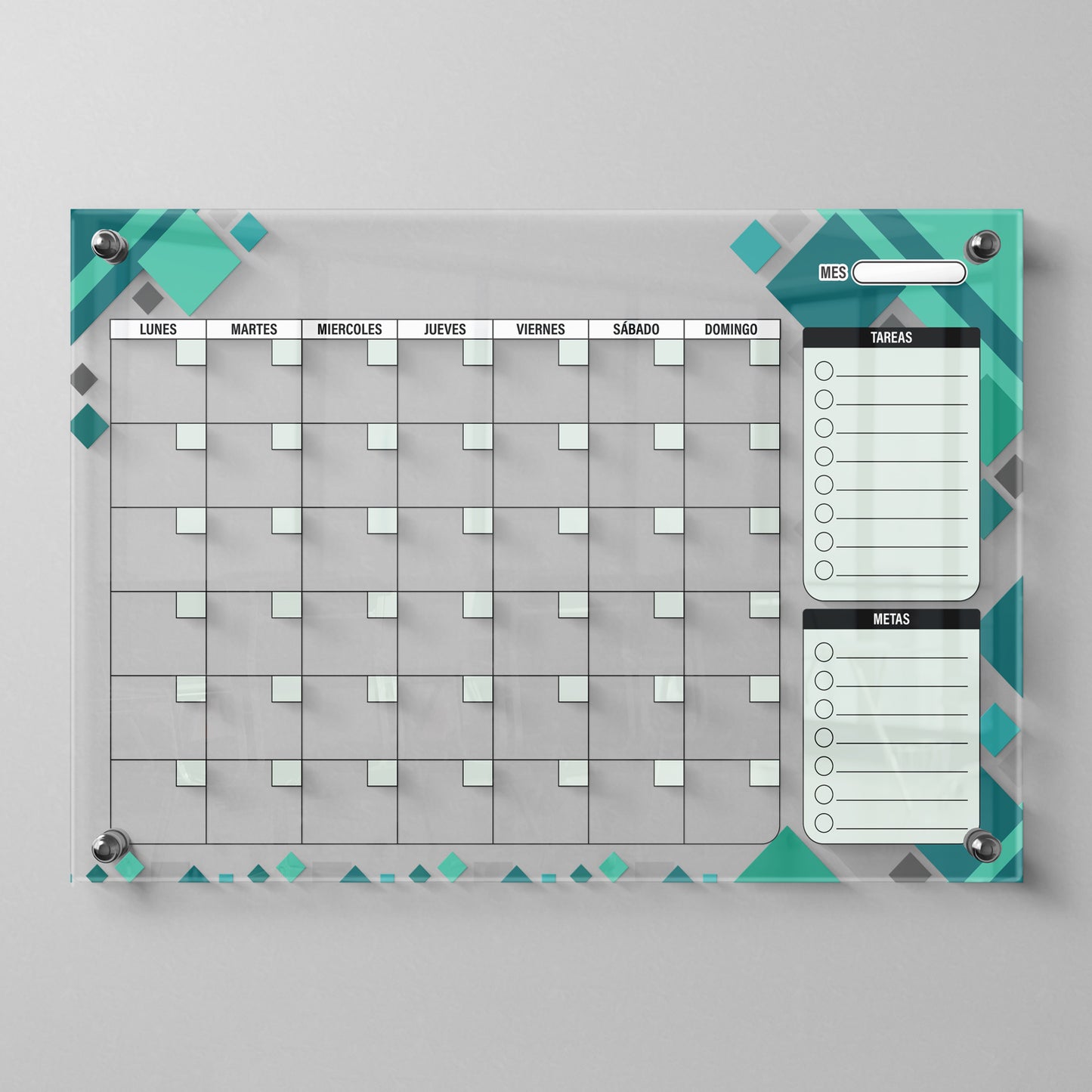 Planificador mensual de acrílico transparente con soportes de aluminio, diseño moderno y elegante. Ideal para organizar tareas, metas y actividades. Incluye marcador borrable. Envío gratis en compras en línea. Pizarrón, tablero de control, organizador