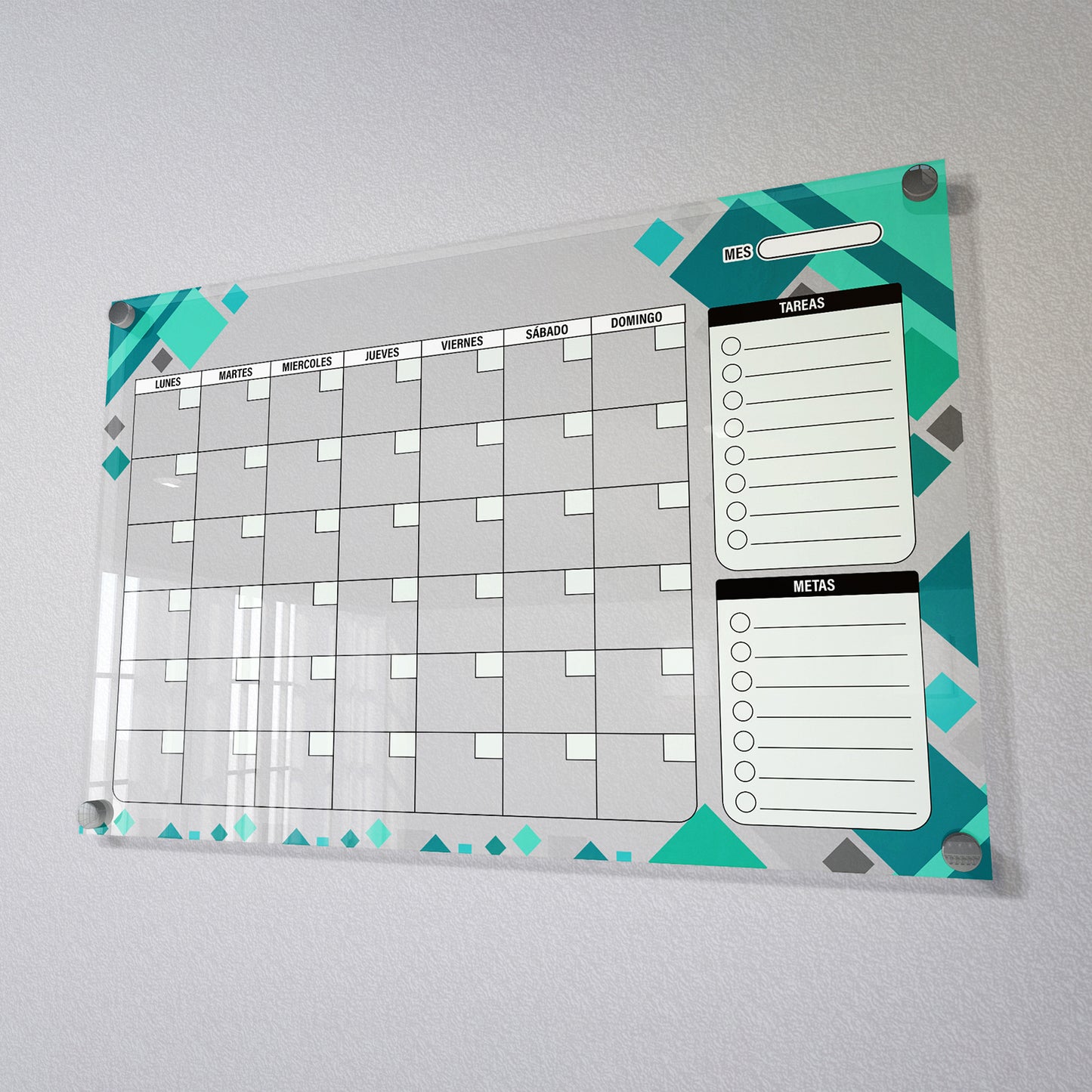 Planificador mensual de acrílico transparente con soportes de aluminio, diseño moderno y elegante. Ideal para organizar tareas, metas y actividades. Incluye marcador borrable. Envío gratis en compras en línea. Pizarrón, tablero de control, organizador