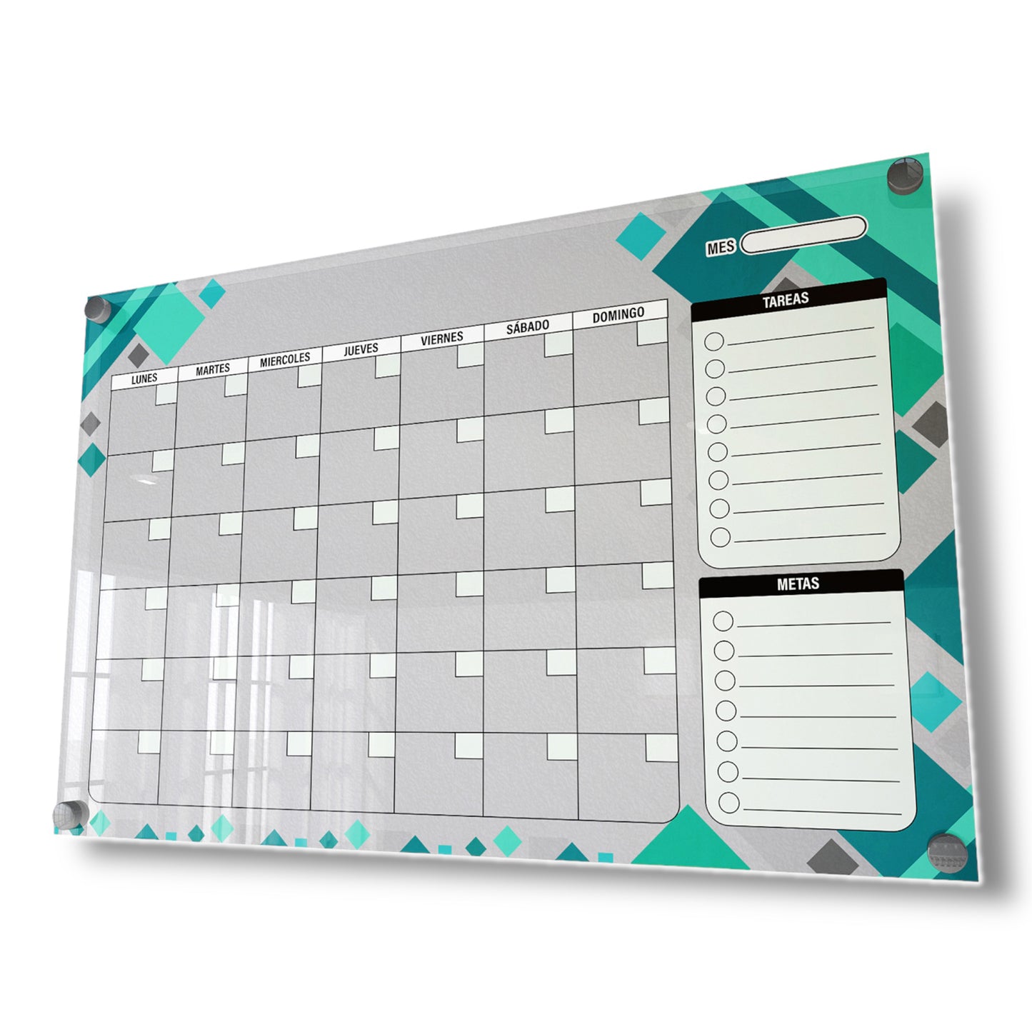 Planificador mensual de acrílico transparente con soportes de aluminio, diseño moderno y elegante. Ideal para organizar tareas, metas y actividades. Incluye marcador borrable. Envío gratis en compras en línea. Pizarrón, tablero de control, organizador