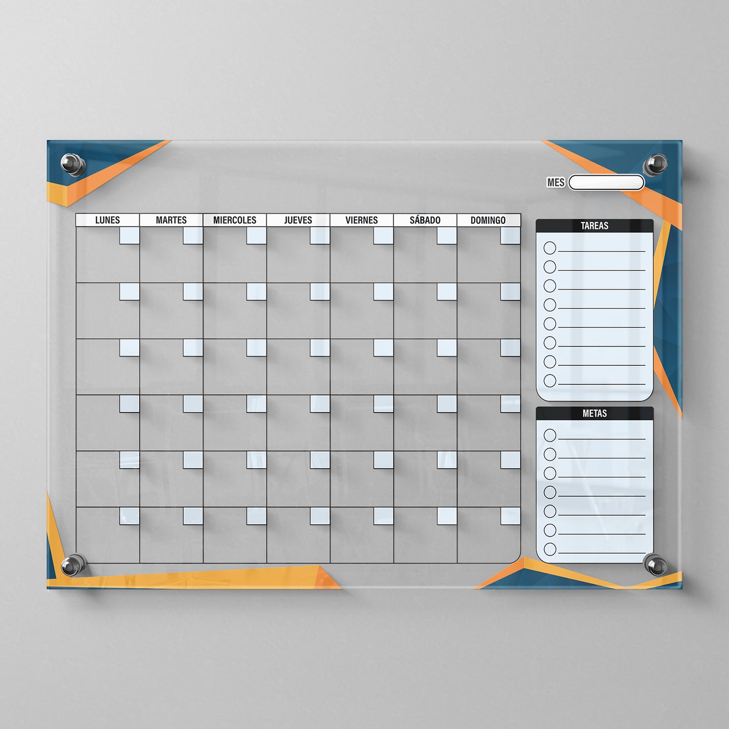 Planificador mensual de acrílico transparente con soportes de aluminio, diseño moderno y elegante. Ideal para organizar tareas, metas y actividades. Incluye marcador borrable. Envío gratis en compras en línea. Pizarrón, tablero de control, organizador