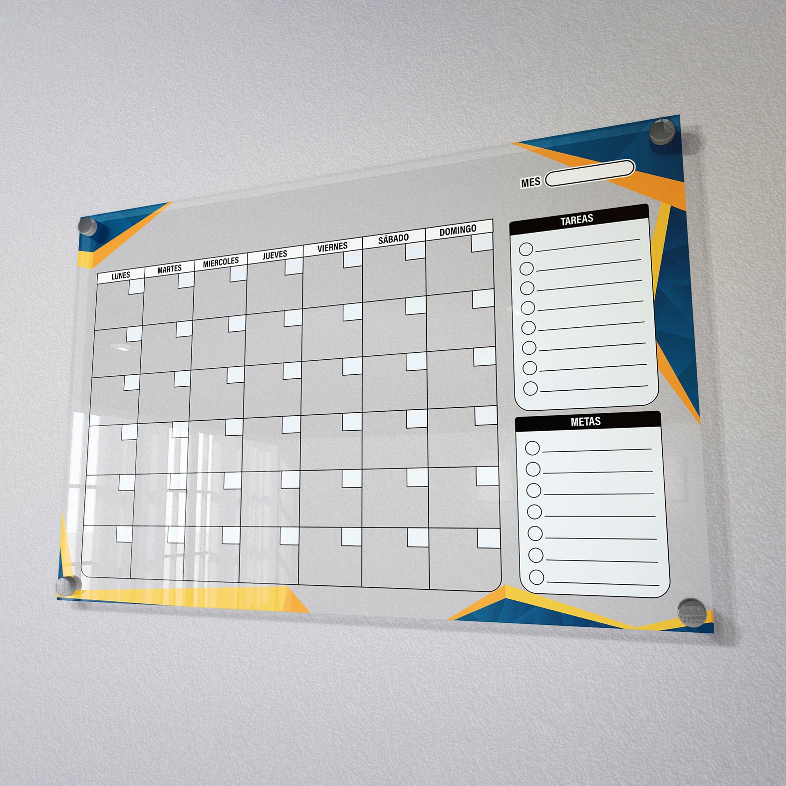 Planificador mensual de acrílico transparente con soportes de aluminio, diseño moderno y elegante. Ideal para organizar tareas, metas y actividades. Incluye marcador borrable. Envío gratis en compras en línea. Pizarrón, tablero de control, organizador