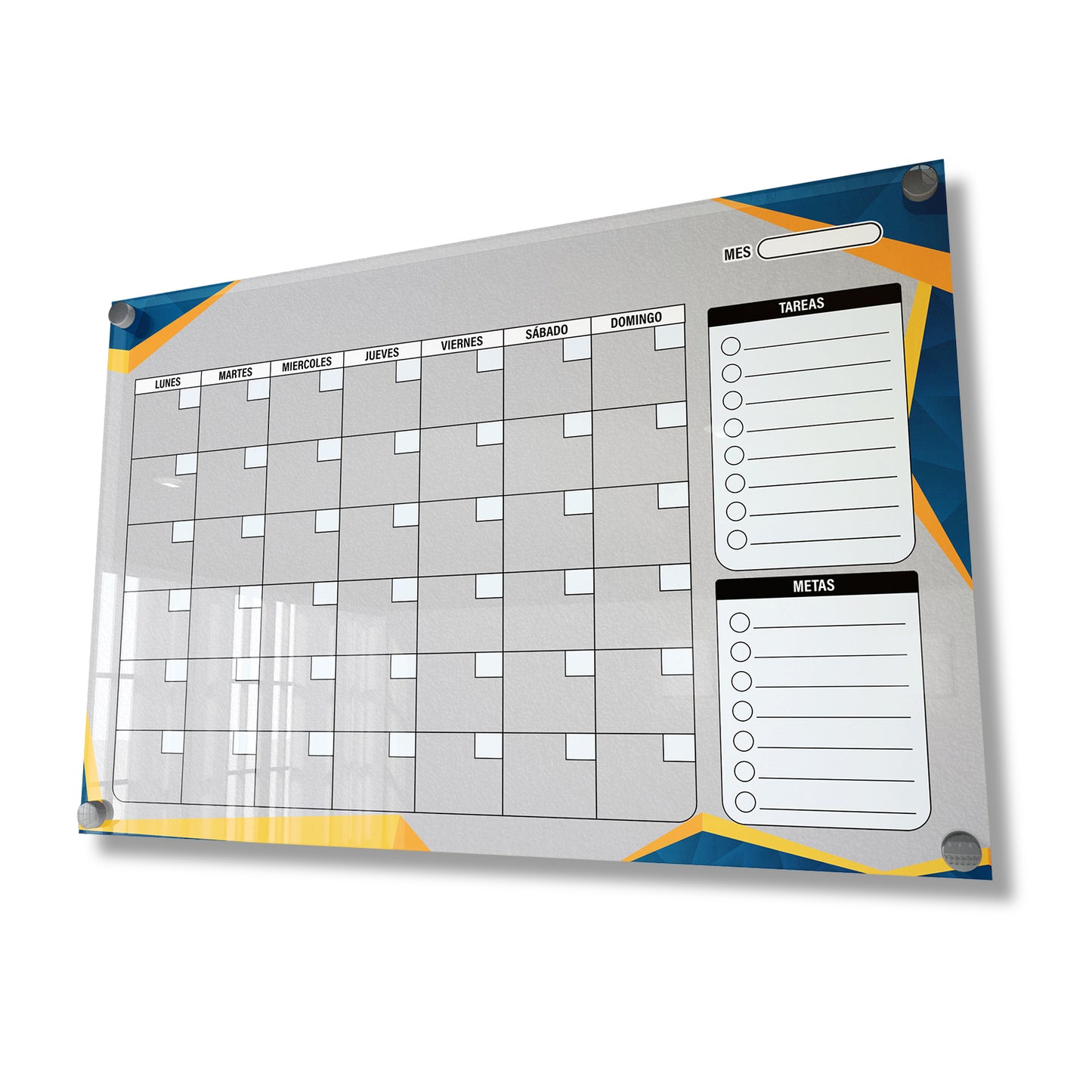 Planificador mensual de acrílico transparente con soportes de aluminio, diseño moderno y elegante. Ideal para organizar tareas, metas y actividades. Incluye marcador borrable. Envío gratis en compras en línea. Pizarrón, tablero de control, organizador