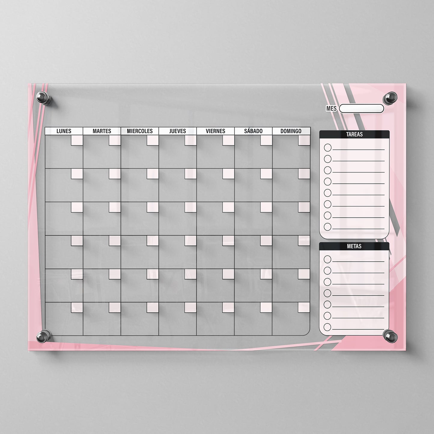 Planificador mensual de acrílico transparente con soportes de aluminio, diseño moderno y elegante. Ideal para organizar tareas, metas y actividades. Incluye marcador borrable. Envío gratis en compras en línea. Pizarrón, tablero de control, organizador