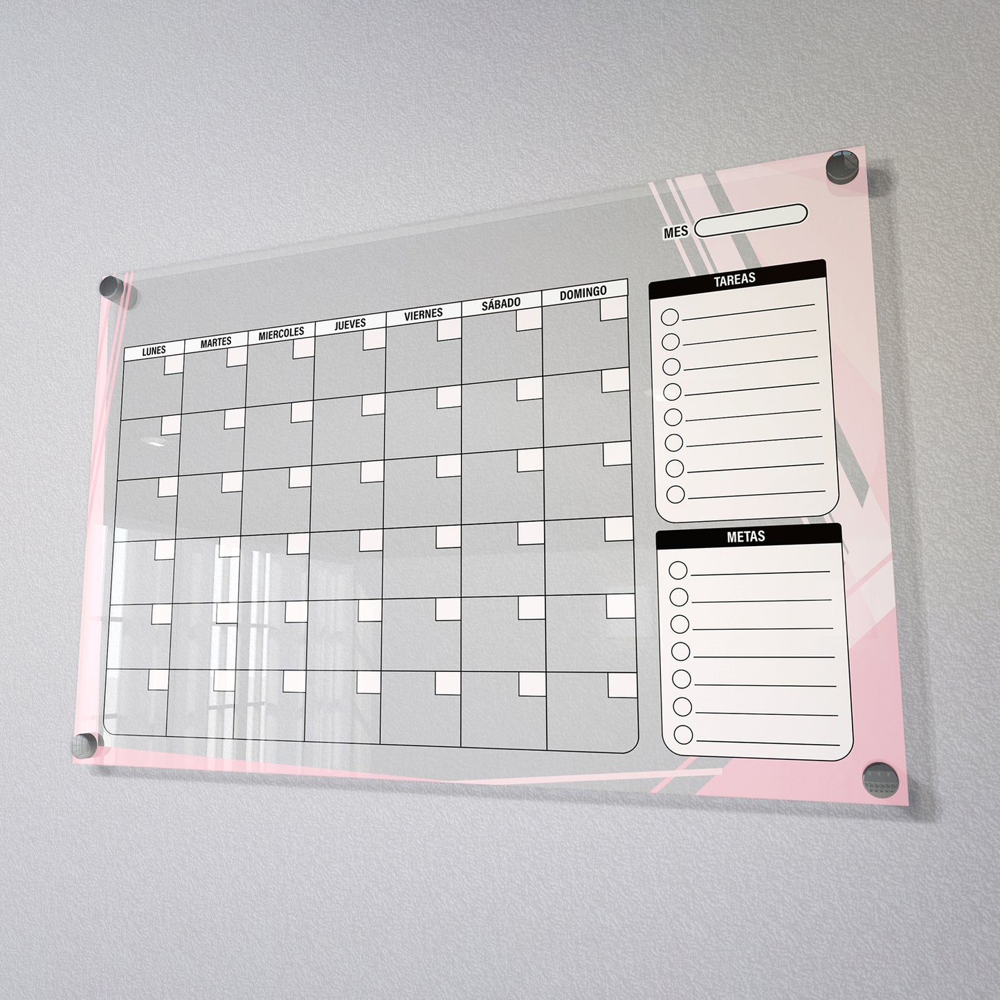 Planificador mensual de acrílico transparente con soportes de aluminio, diseño moderno y elegante. Ideal para organizar tareas, metas y actividades. Incluye marcador borrable. Envío gratis en compras en línea. Pizarrón, tablero de control, organizador