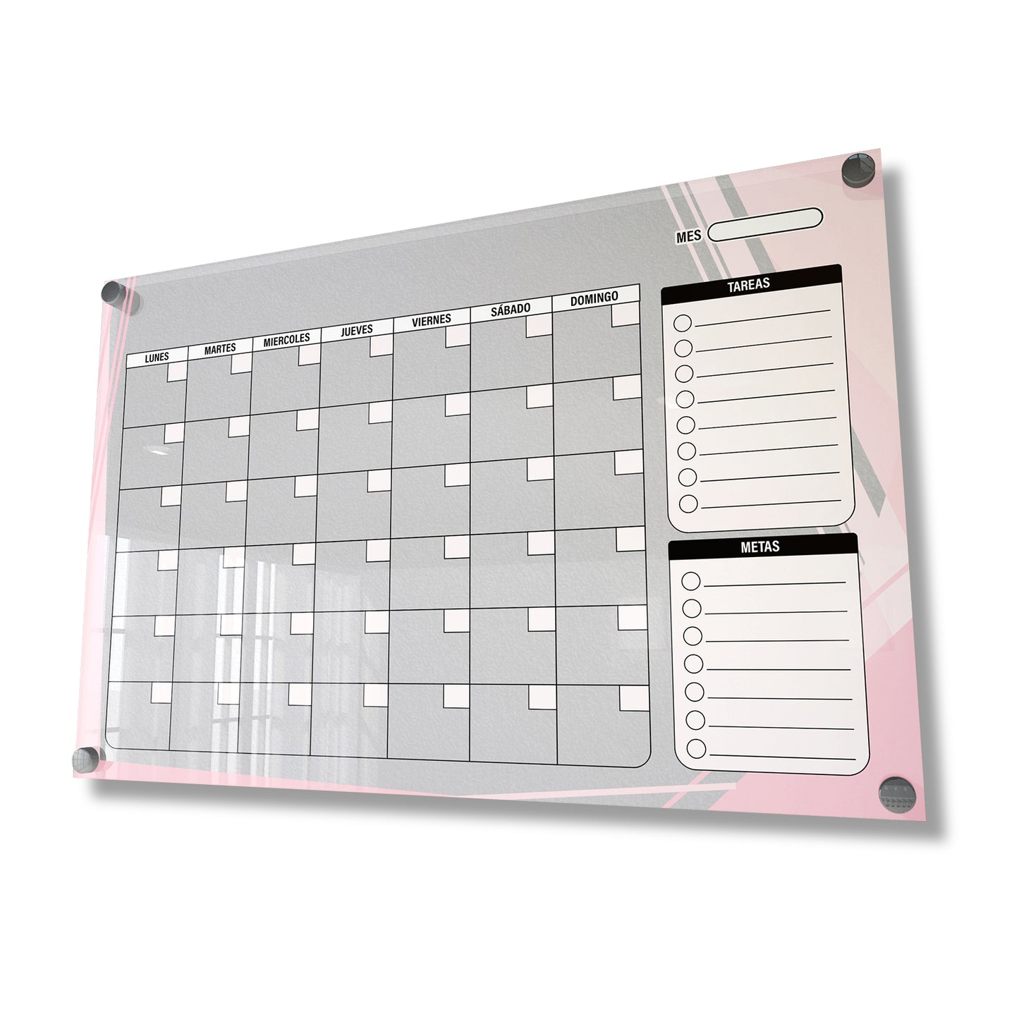 Planificador mensual de acrílico transparente con soportes de aluminio, diseño moderno y elegante. Ideal para organizar tareas, metas y actividades. Incluye marcador borrable. Envío gratis en compras en línea. Pizarrón, tablero de control, organizador