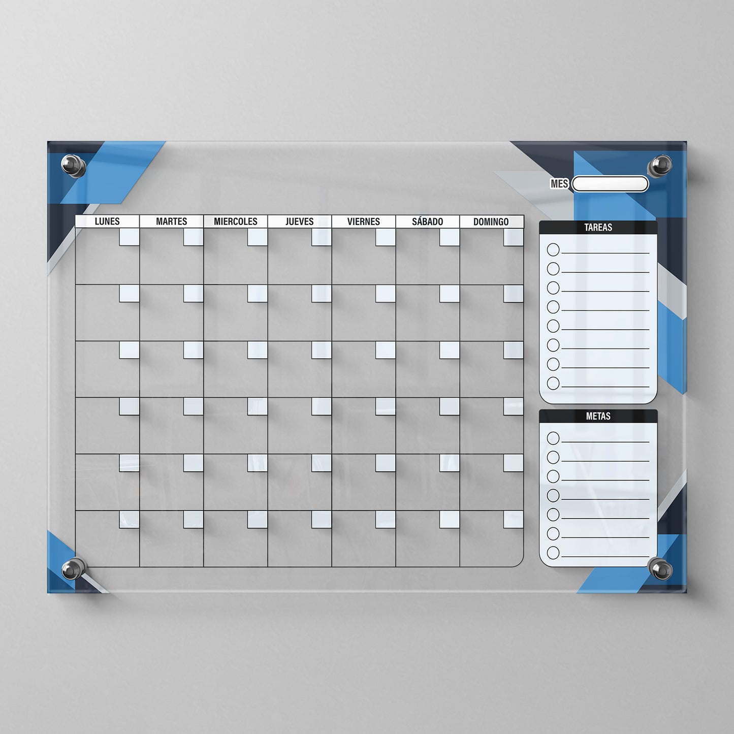 Planificador mensual de acrílico transparente con soportes de aluminio, diseño moderno y elegante. Ideal para organizar tareas, metas y actividades. Incluye marcador borrable. Envío gratis en compras en línea. Pizarrón, tablero de control, organizador