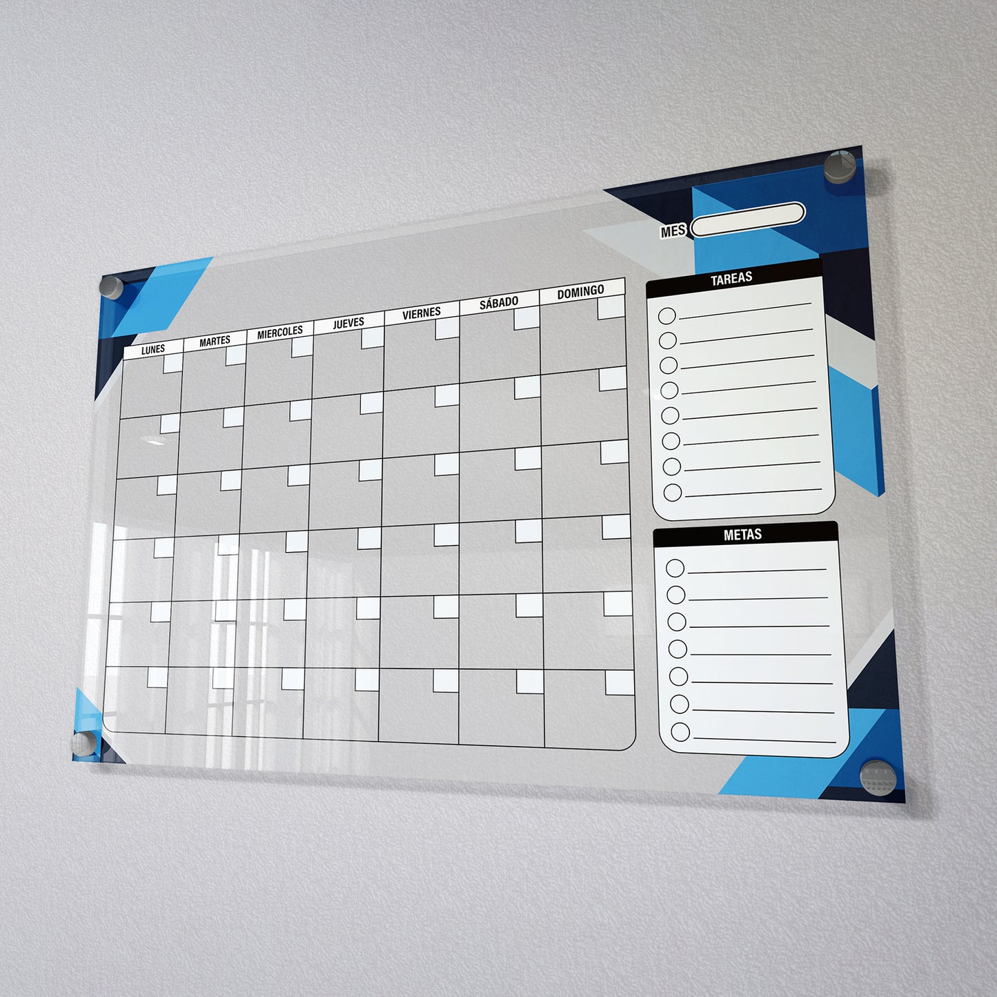 Planificador mensual de acrílico transparente con soportes de aluminio, diseño moderno y elegante. Ideal para organizar tareas, metas y actividades. Incluye marcador borrable. Envío gratis en compras en línea. Pizarrón, tablero de control, organizador