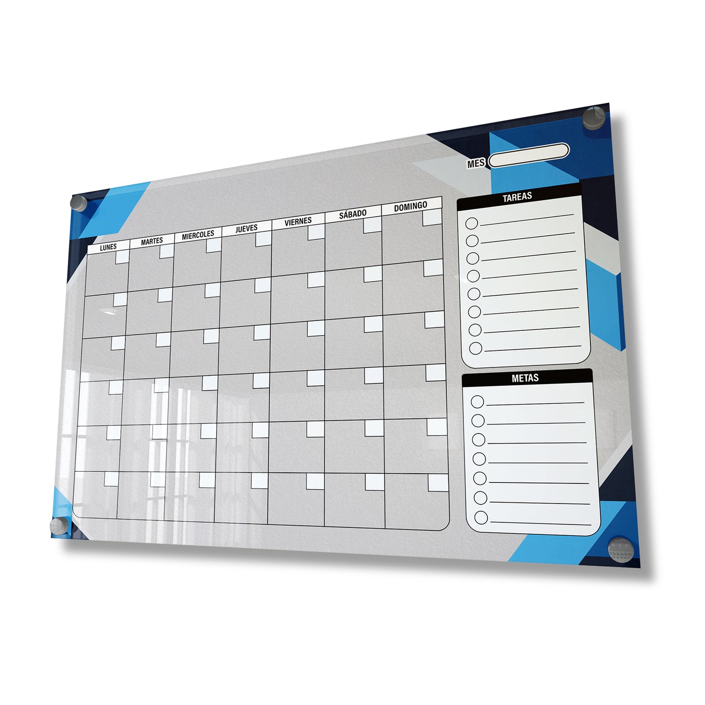 Planificador mensual de acrílico transparente con soportes de aluminio, diseño moderno y elegante. Ideal para organizar tareas, metas y actividades. Incluye marcador borrable. Envío gratis en compras en línea. Pizarrón, tablero de control, organizador