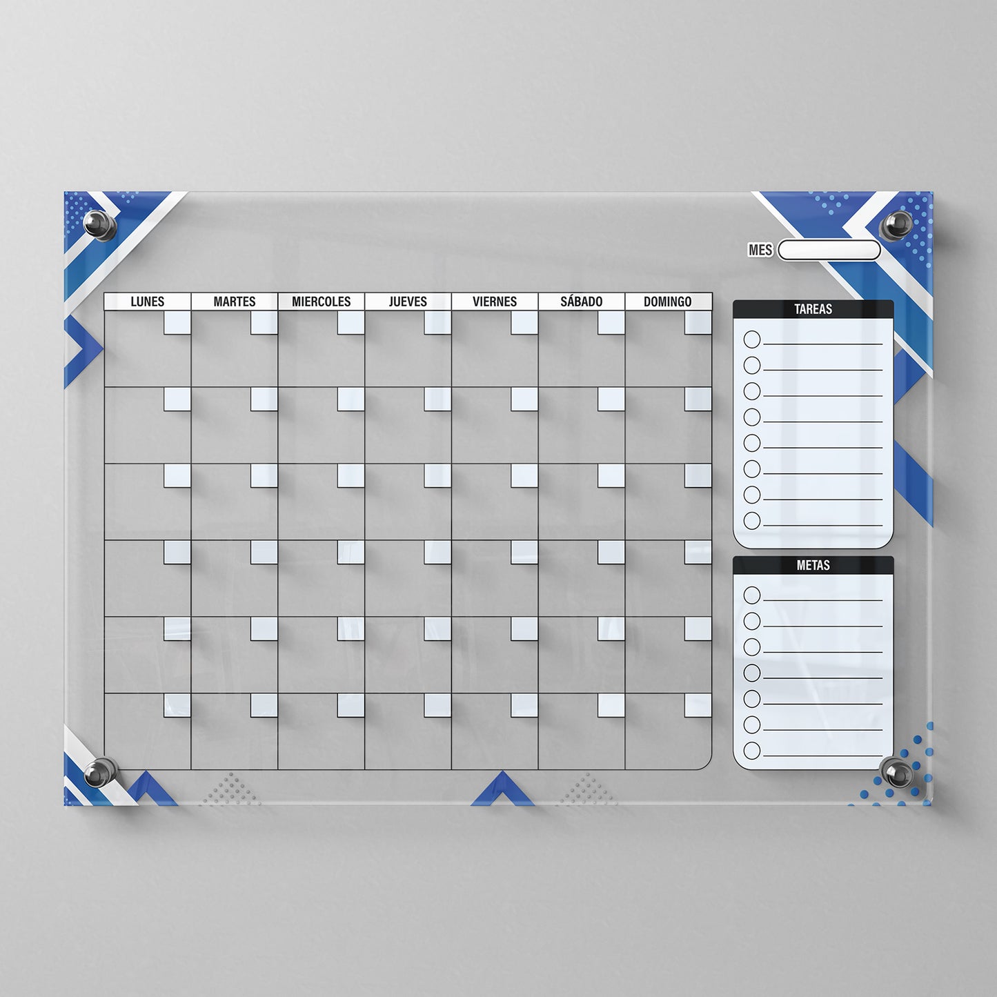 Planificador mensual de acrílico transparente con soportes de aluminio, diseño moderno y elegante. Ideal para organizar tareas, metas y actividades. Incluye marcador borrable. Envío gratis en compras en línea. Pizarrón, tablero de control, organizador