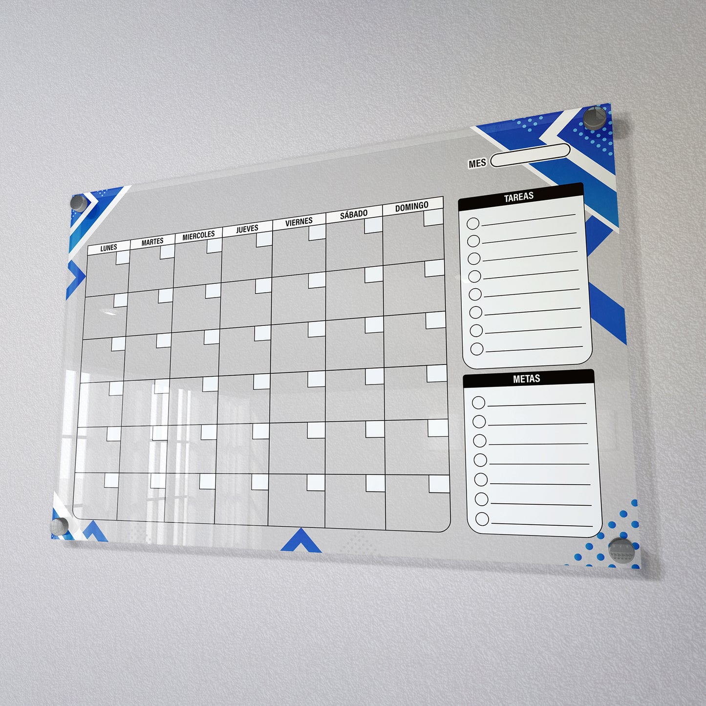 Planificador mensual de acrílico transparente con soportes de aluminio, diseño moderno y elegante. Ideal para organizar tareas, metas y actividades. Incluye marcador borrable. Envío gratis en compras en línea. Pizarrón, tablero de control, organizador