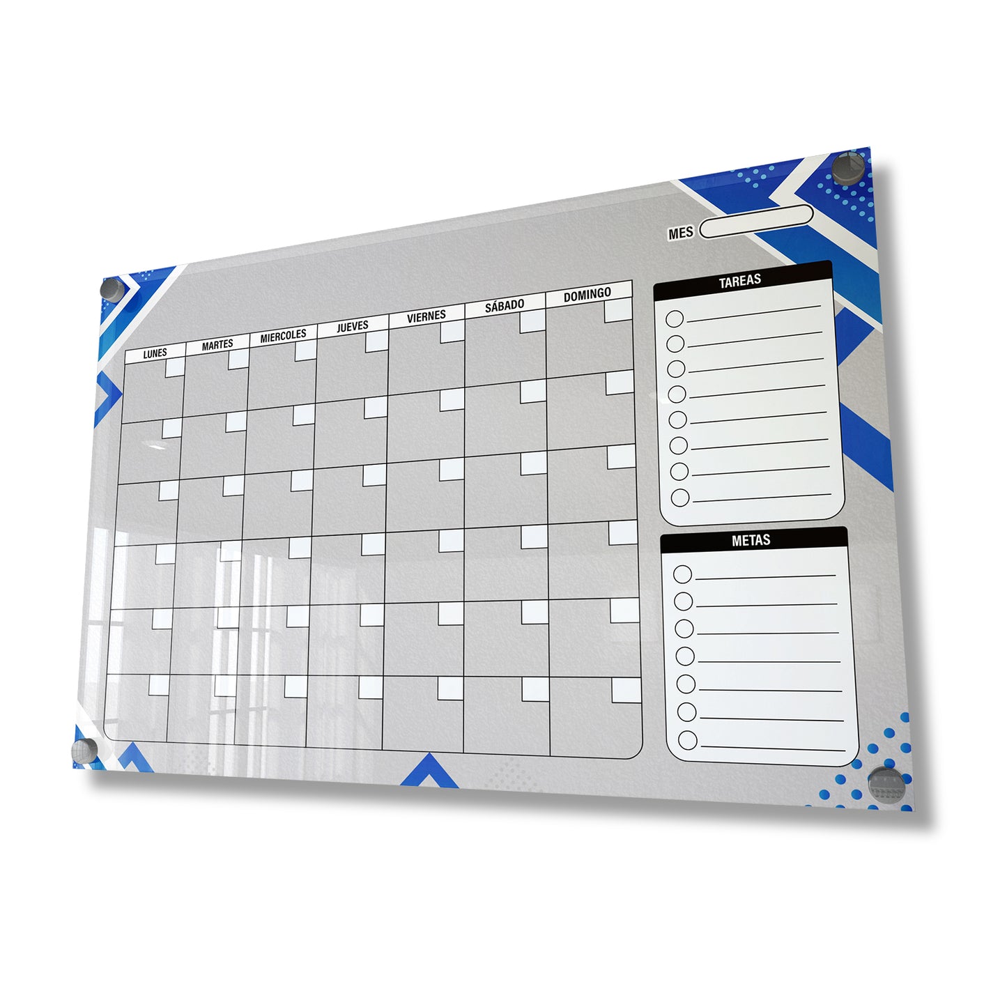 Planificador mensual de acrílico transparente con soportes de aluminio, diseño moderno y elegante. Ideal para organizar tareas, metas y actividades. Incluye marcador borrable. Envío gratis en compras en línea. Pizarrón, tablero de control, organizador