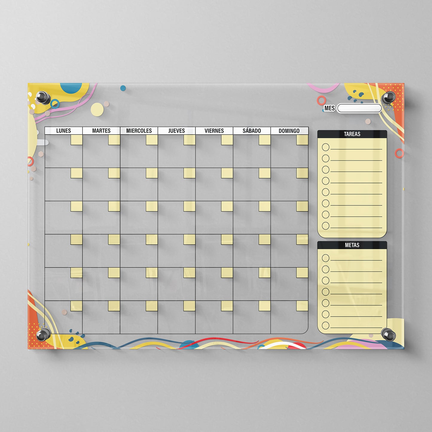 Planificador mensual de acrílico transparente con soportes de aluminio, diseño moderno y elegante. Ideal para organizar tareas, metas y actividades. Incluye marcador borrable. Envío gratis en compras en línea. Pizarrón, tablero de control, organizador