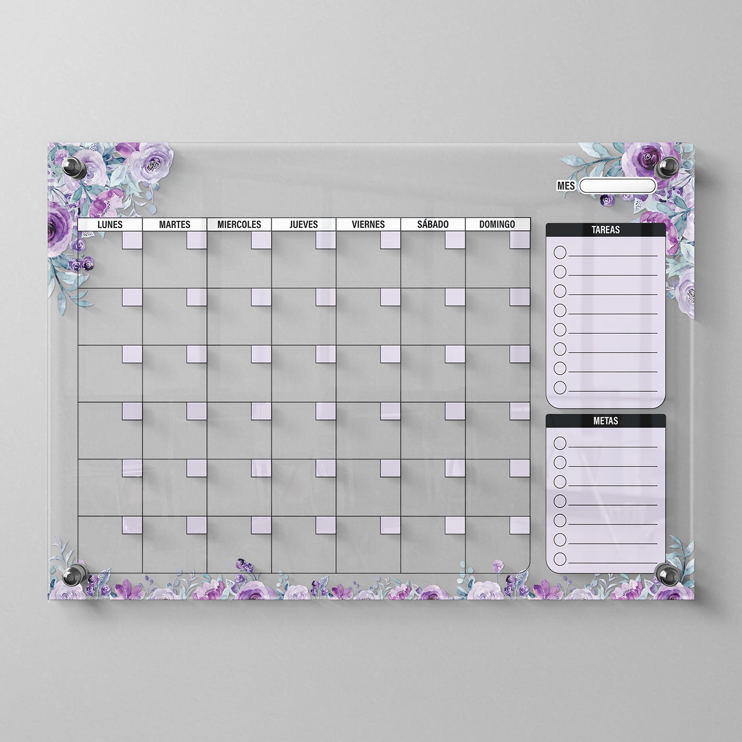 Planificador mensual de acrílico transparente con soportes de aluminio, diseño moderno y elegante. Ideal para organizar tareas, metas y actividades. Incluye marcador borrable. Envío gratis en compras en línea. Pizarrón, tablero de control, organizador