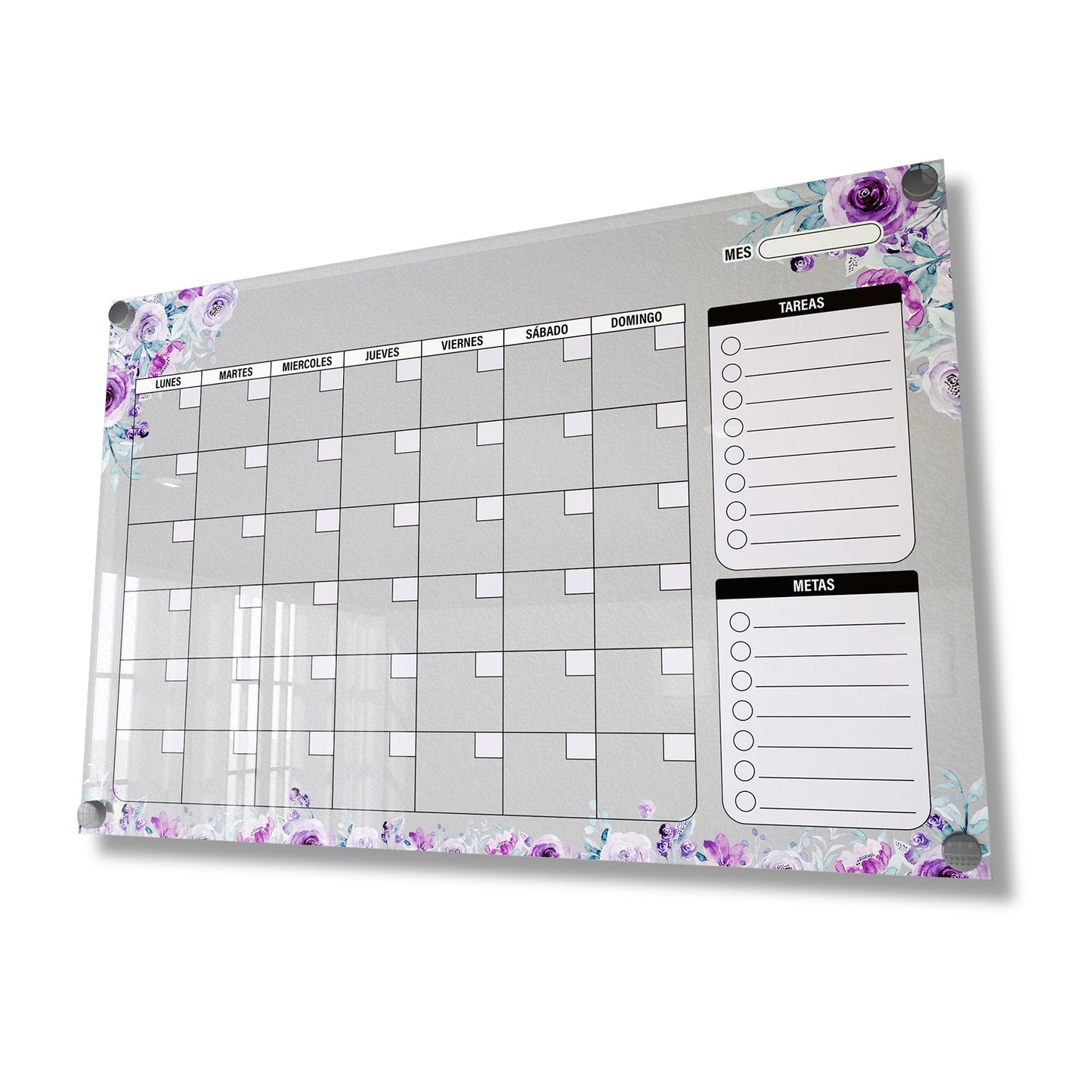 Planificador mensual de acrílico transparente con soportes de aluminio, diseño moderno y elegante. Ideal para organizar tareas, metas y actividades. Incluye marcador borrable. Envío gratis en compras en línea. Pizarrón, tablero de control, organizador