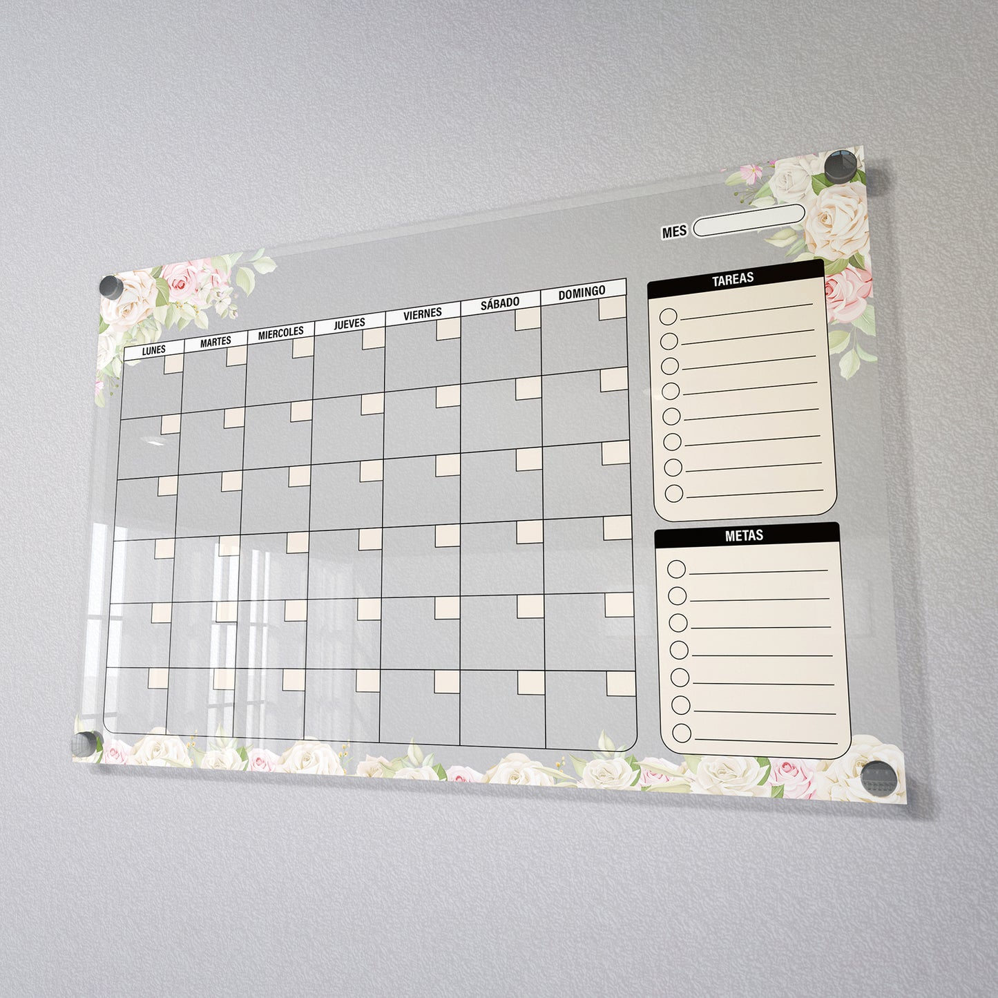 Planificador mensual de acrílico transparente con soportes de aluminio, diseño moderno y elegante. Ideal para organizar tareas, metas y actividades. Incluye marcador borrable. Envío gratis en compras en línea. Pizarrón, tablero de control, organizador