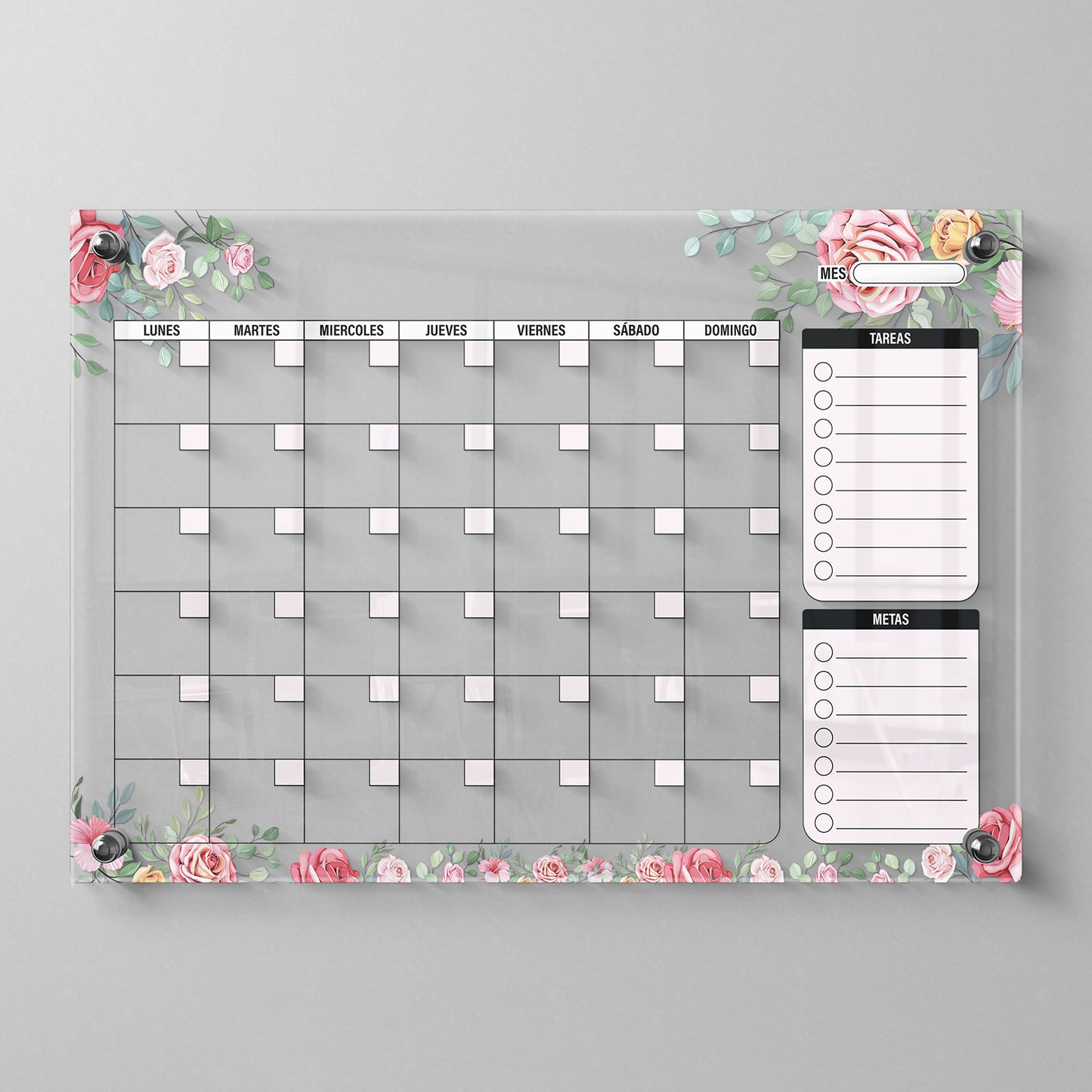 Planificador mensual de acrílico transparente con soportes de aluminio, diseño moderno y elegante. Ideal para organizar tareas, metas y actividades. Incluye marcador borrable. Envío gratis en compras en línea. Pizarrón, tablero de control, organizador