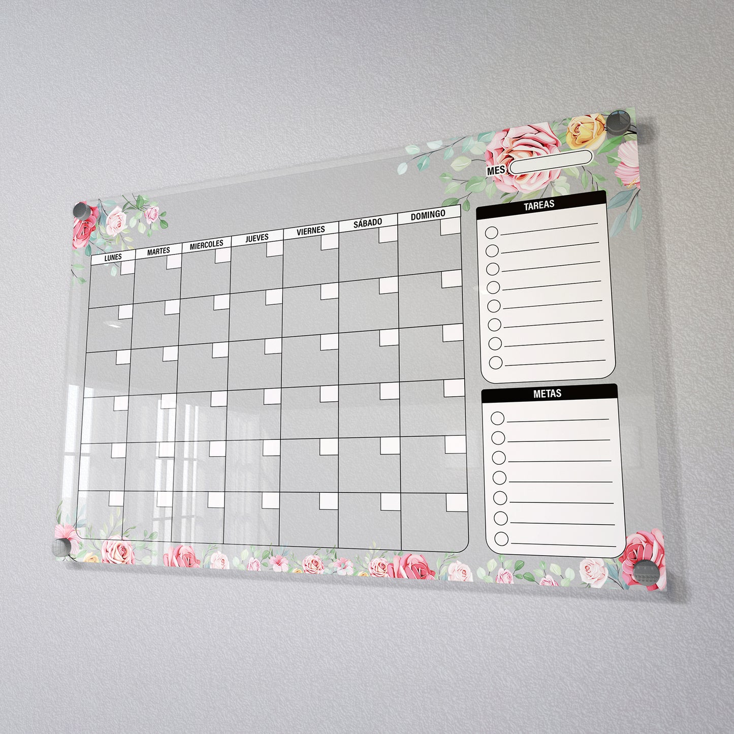 Planificador mensual de acrílico transparente con soportes de aluminio, diseño moderno y elegante. Ideal para organizar tareas, metas y actividades. Incluye marcador borrable. Envío gratis en compras en línea. Pizarrón, tablero de control, organizador