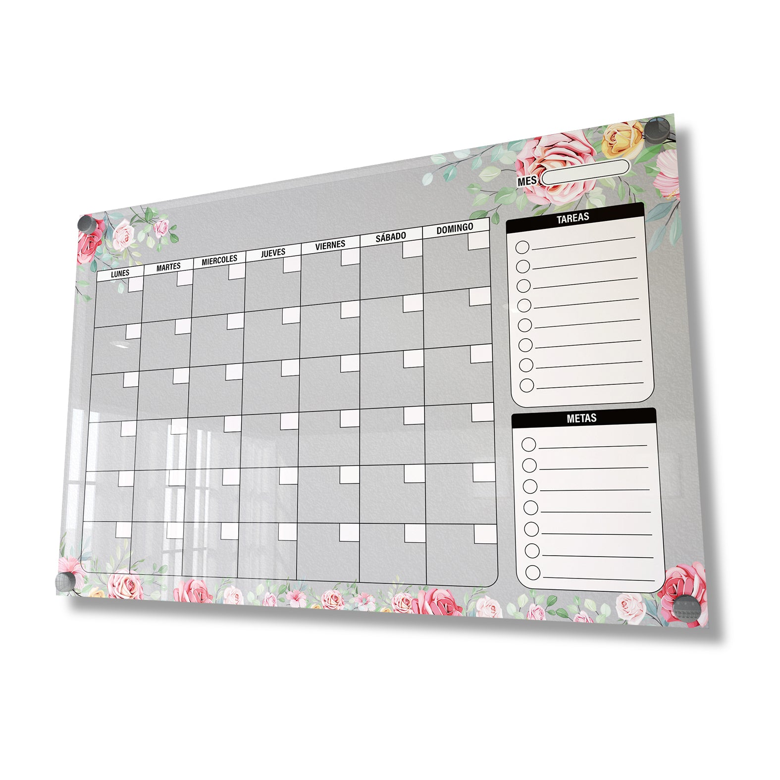 Planificador mensual de acrílico transparente con soportes de aluminio, diseño moderno y elegante. Ideal para organizar tareas, metas y actividades. Incluye marcador borrable. Envío gratis en compras en línea. Pizarrón, tablero de control, organizador