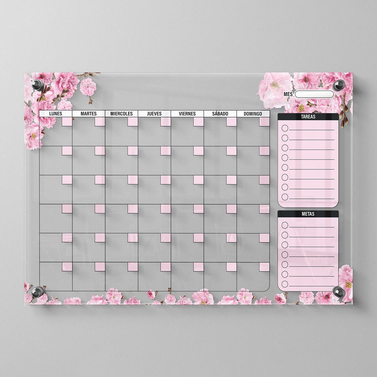 Planificador mensual de acrílico transparente con soportes de aluminio, diseño moderno y elegante. Ideal para organizar tareas, metas y actividades. Incluye marcador borrable. Envío gratis en compras en línea. Pizarrón, tablero de control, organizador