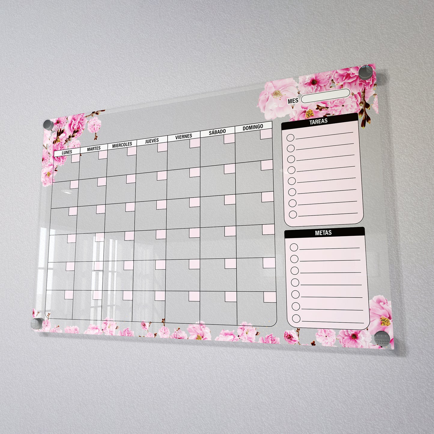 Planificador mensual de acrílico transparente con soportes de aluminio, diseño moderno y elegante. Ideal para organizar tareas, metas y actividades. Incluye marcador borrable. Envío gratis en compras en línea. Pizarrón, tablero de control, organizador