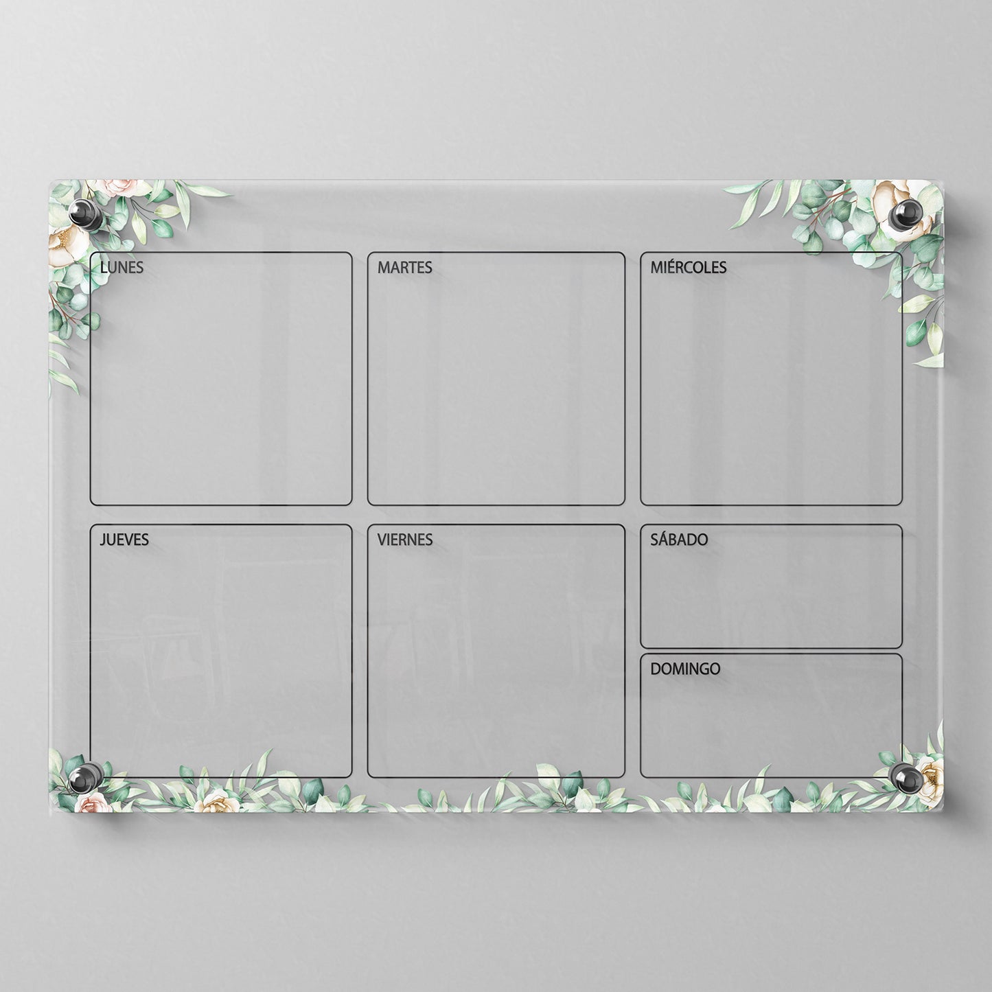 Planificador semanal de acrílico transparente con soportes de aluminio, diseño moderno y elegante. Ideal para organizar tareas, metas y actividades. Incluye marcador borrable. Envío gratis en compras en línea. Pizarrón, tablero de control, organizador