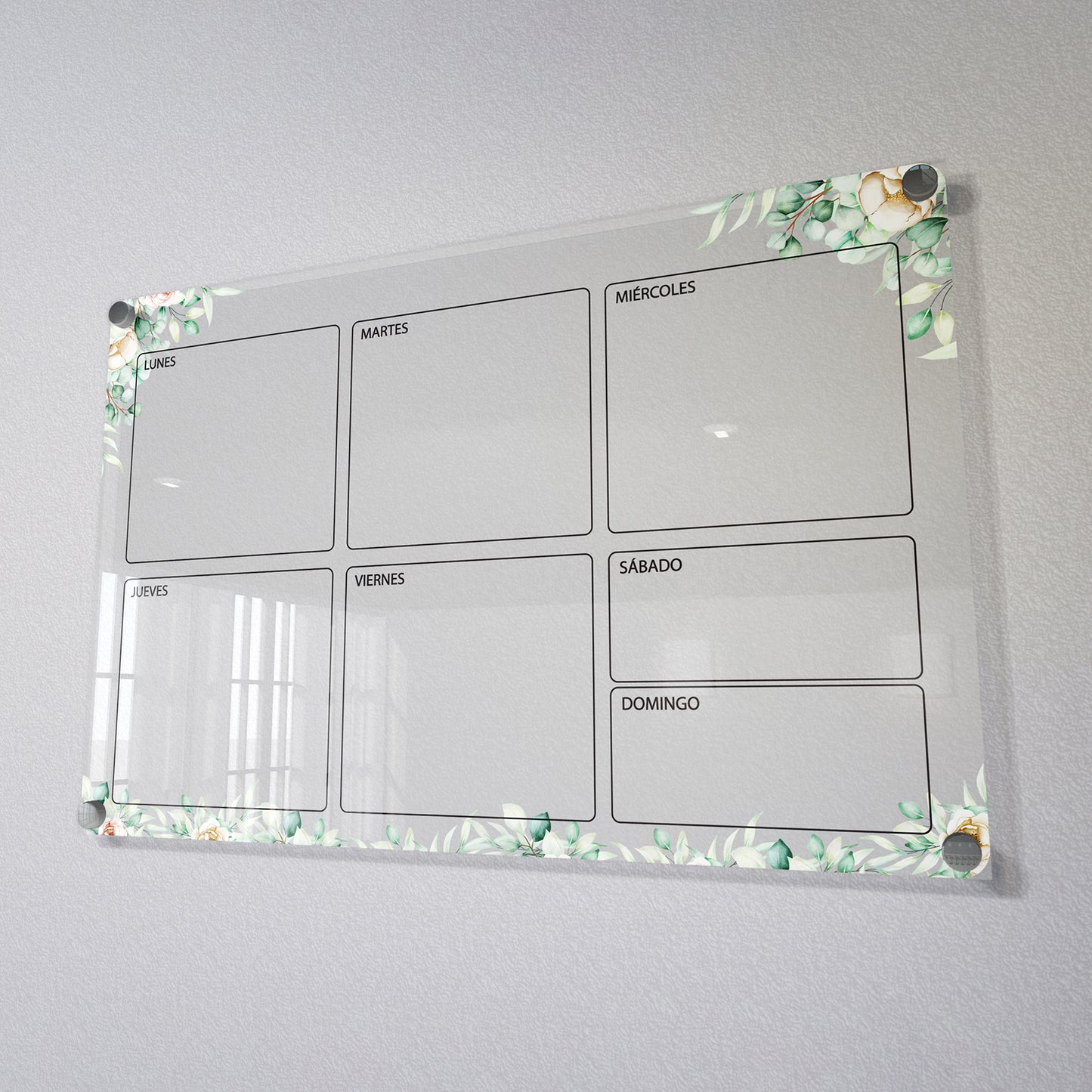 Planificador semanal de acrílico transparente con soportes de aluminio, diseño moderno y elegante. Ideal para organizar tareas, metas y actividades. Incluye marcador borrable. Envío gratis en compras en línea. Pizarrón, tablero de control, organizador