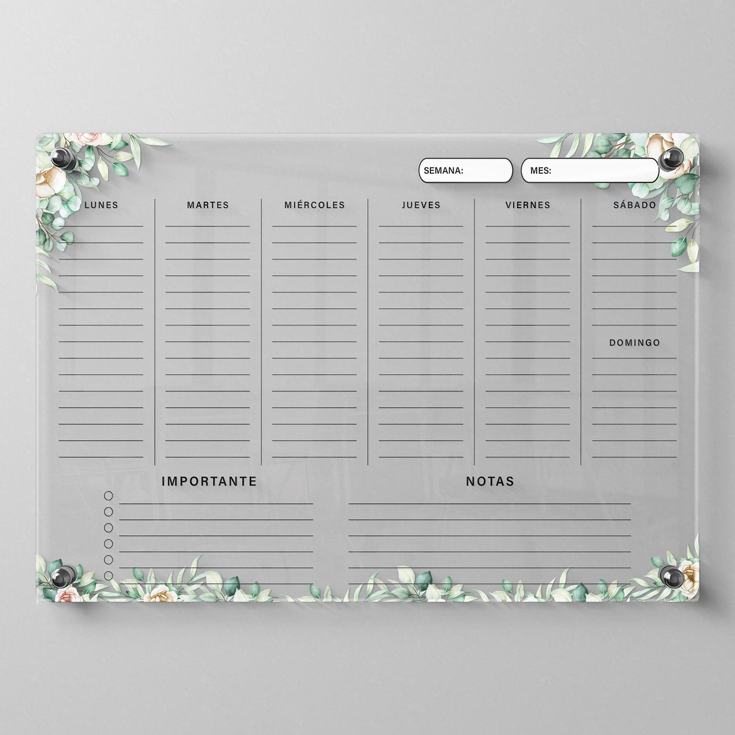 Planificador semanal de acrílico transparente con soportes de aluminio, diseño moderno y elegante. Ideal para organizar tareas, metas y actividades. Incluye marcador borrable. Envío gratis en compras en línea. Pizarrón, tablero de control, organizador