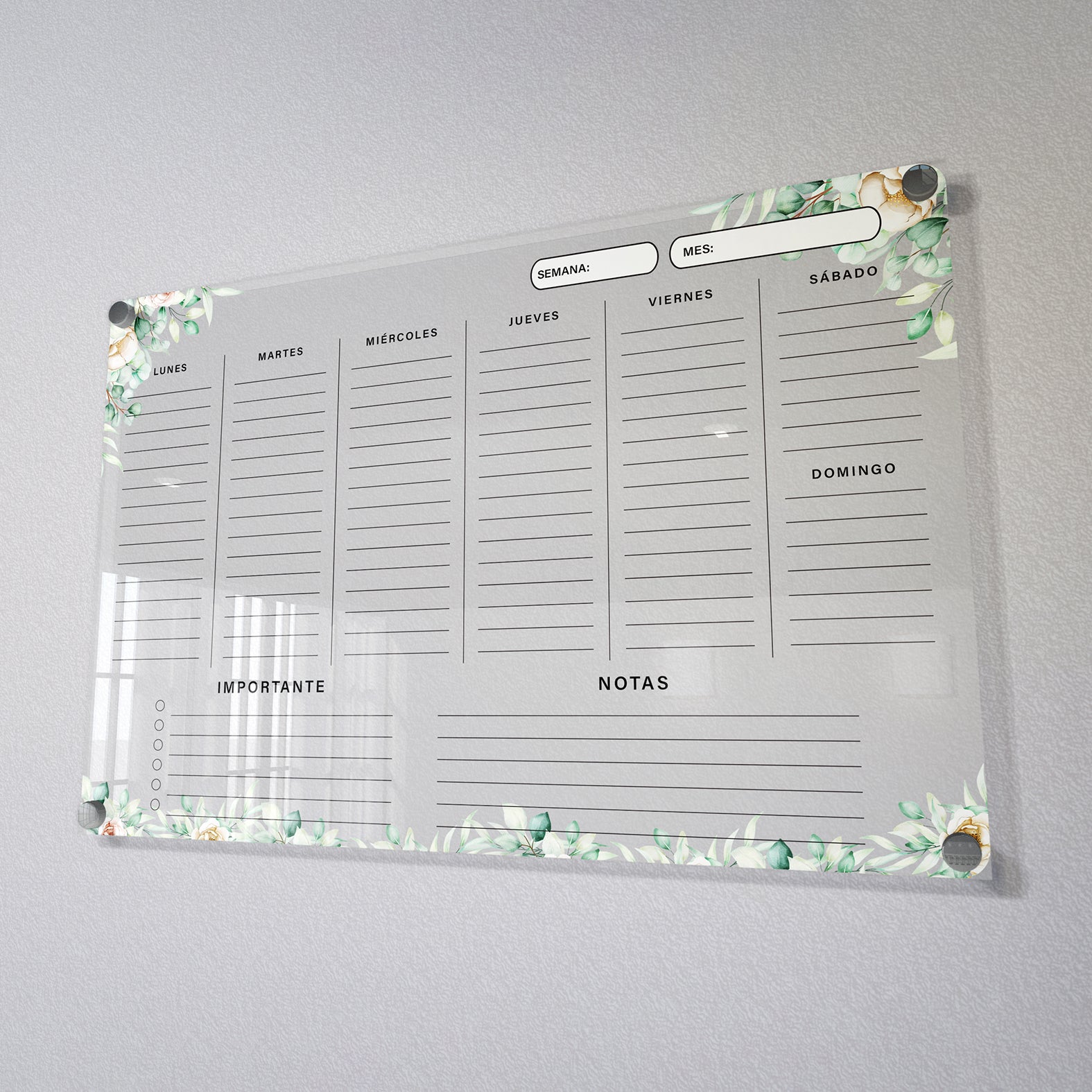 Planificador semanal de acrílico transparente con soportes de aluminio, diseño moderno y elegante. Ideal para organizar tareas, metas y actividades. Incluye marcador borrable. Envío gratis en compras en línea. Pizarrón, tablero de control, organizador