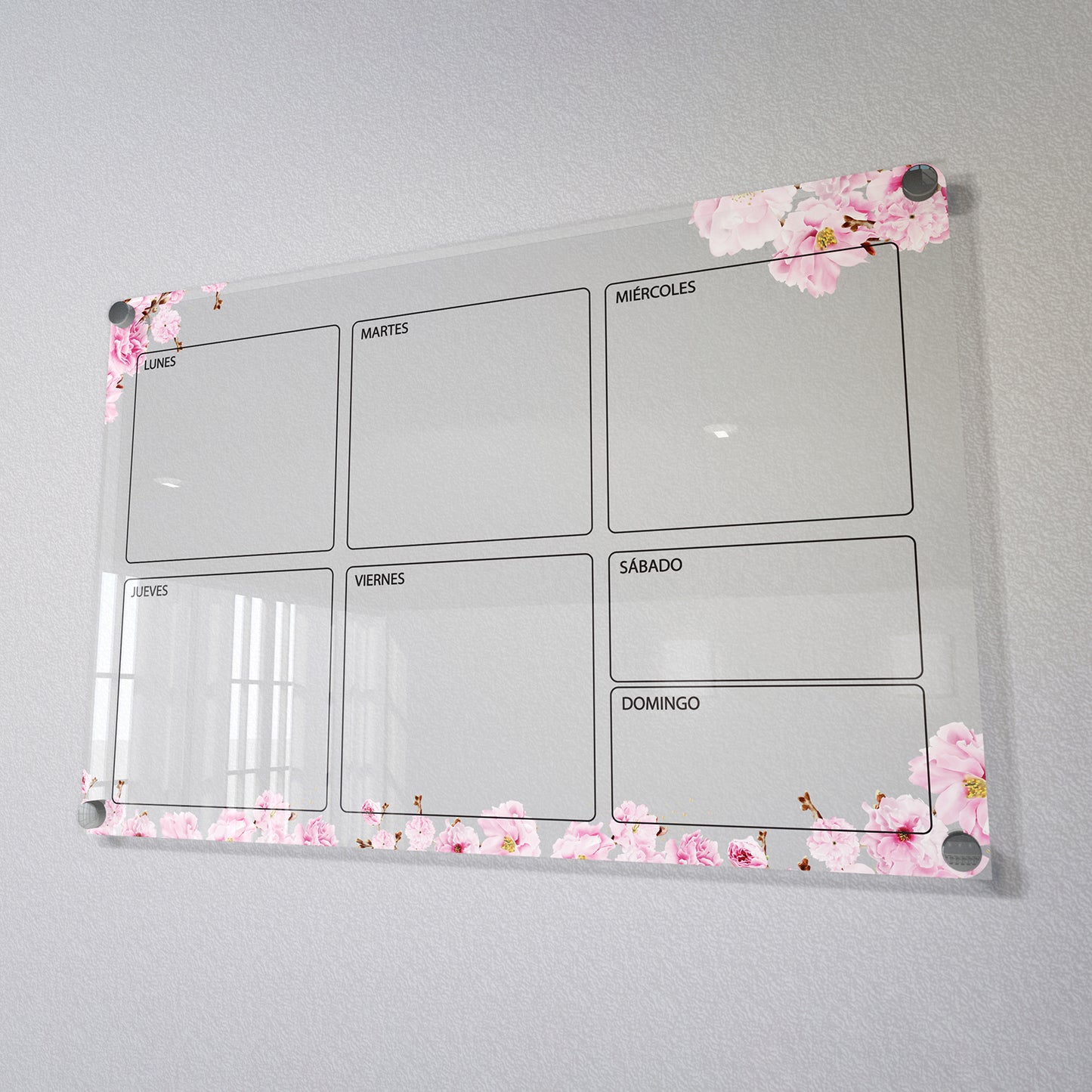 Planificador semanal de acrílico transparente con soportes de aluminio, diseño moderno y elegante. Ideal para organizar tareas, metas y actividades. Incluye marcador borrable. Envío gratis en compras en línea. Pizarrón, tablero de control, organizador