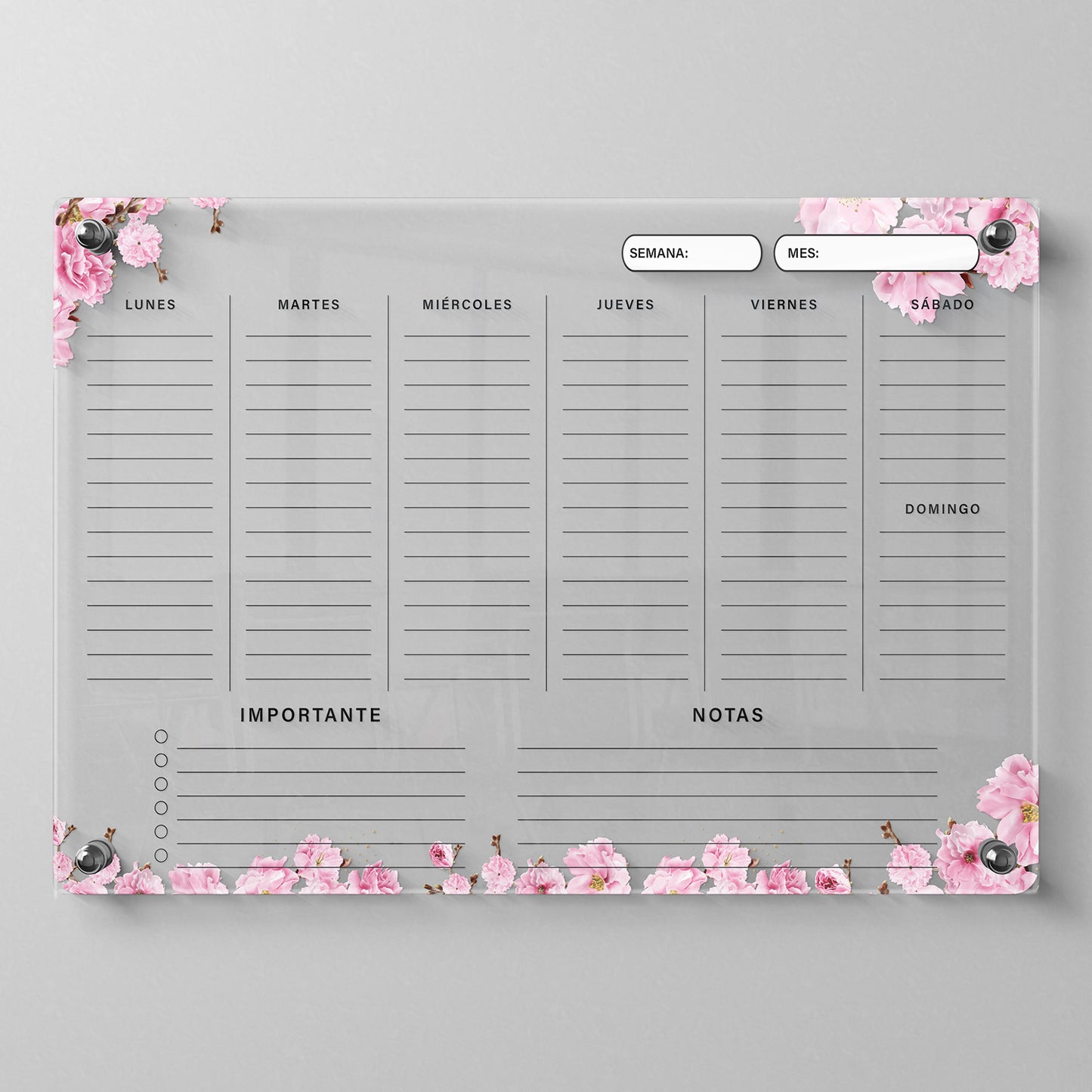 Planificador semanal de acrílico transparente con soportes de aluminio, diseño moderno y elegante. Ideal para organizar tareas, metas y actividades. Incluye marcador borrable. Envío gratis en compras en línea. Pizarrón, tablero de control, organizador