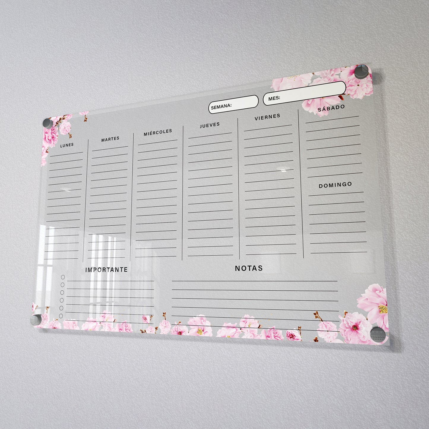 Planificador semanal de acrílico transparente con soportes de aluminio, diseño moderno y elegante. Ideal para organizar tareas, metas y actividades. Incluye marcador borrable. Envío gratis en compras en línea. Pizarrón, tablero de control, organizador