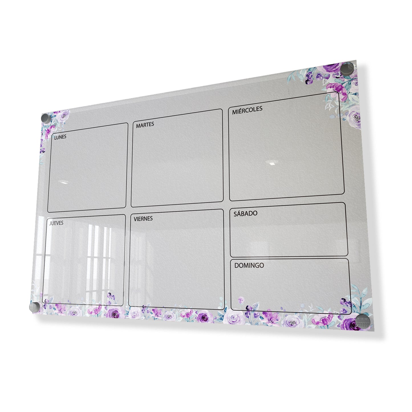 Planificador semanal de acrílico transparente con soportes de aluminio, diseño moderno y elegante. Ideal para organizar tareas, metas y actividades. Incluye marcador borrable. Envío gratis en compras en línea. Pizarrón, tablero de control, organizador